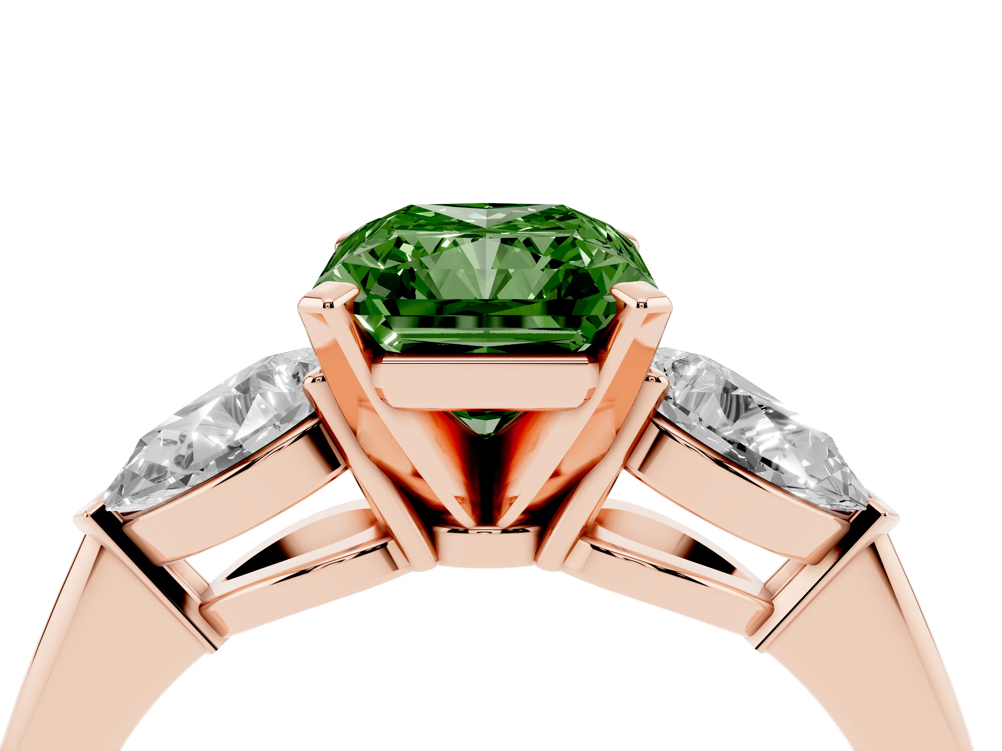 Fancy Green Three-Stone Radiant Cut Diamond Ring Set in Rose gold with Pear Side Stones and Prong Setting