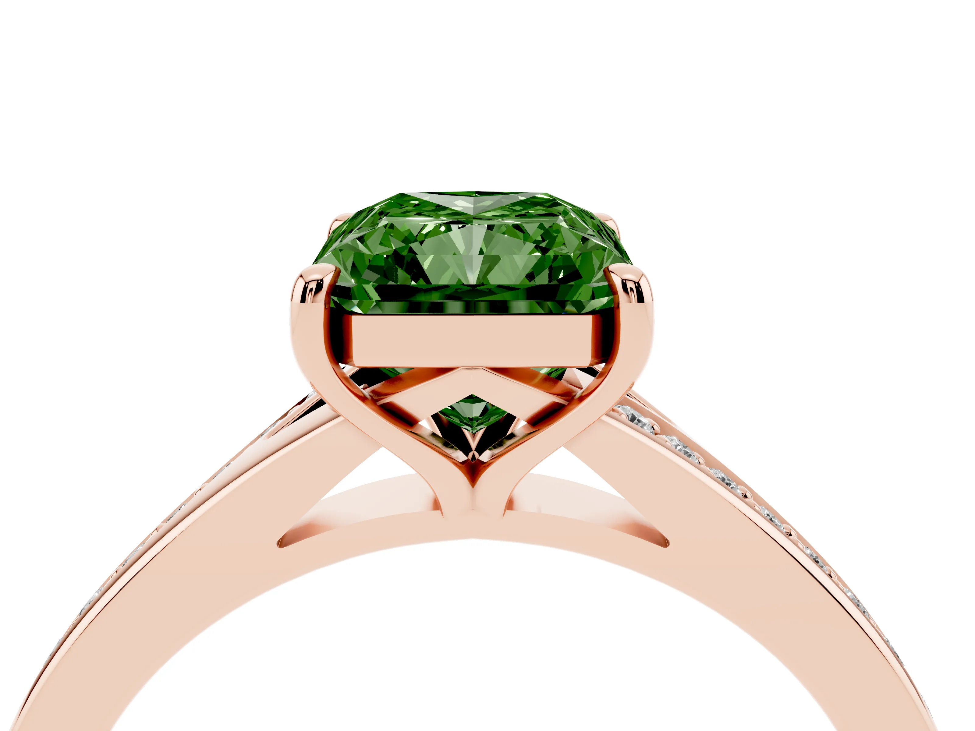 Fancy Green Radiant Cut Diamond Solitaire Ring Set in Rose gold with Pavé Accent Band and Classic Prong Setting