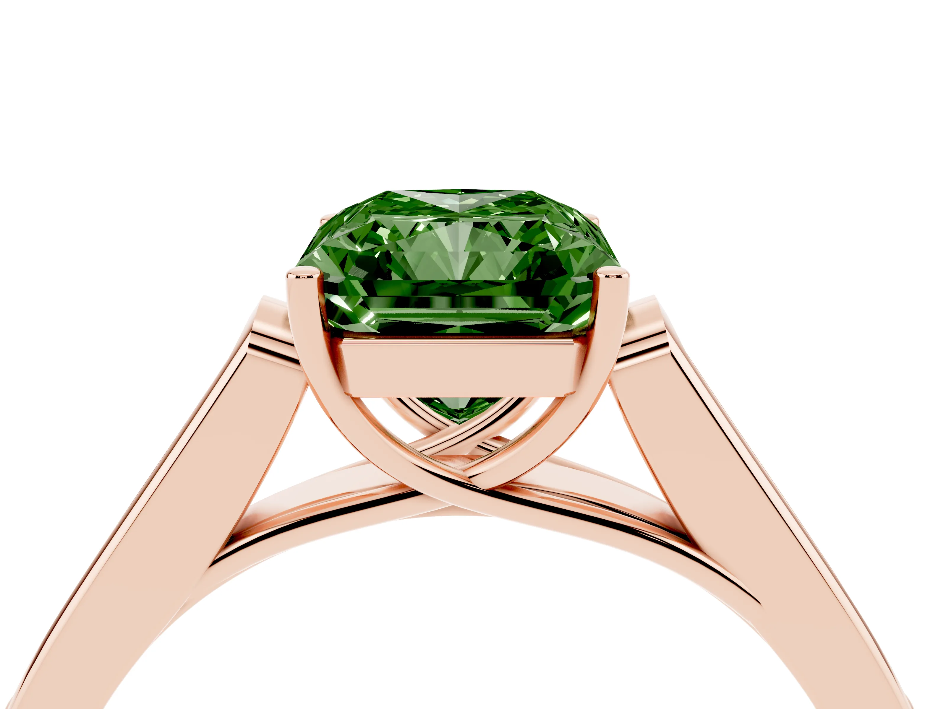 Fancy Green Radiant Cut Diamond Solitaire Cathedral Engagement Ring Set in Rose gold with Channel-Set Band and Prong Setting