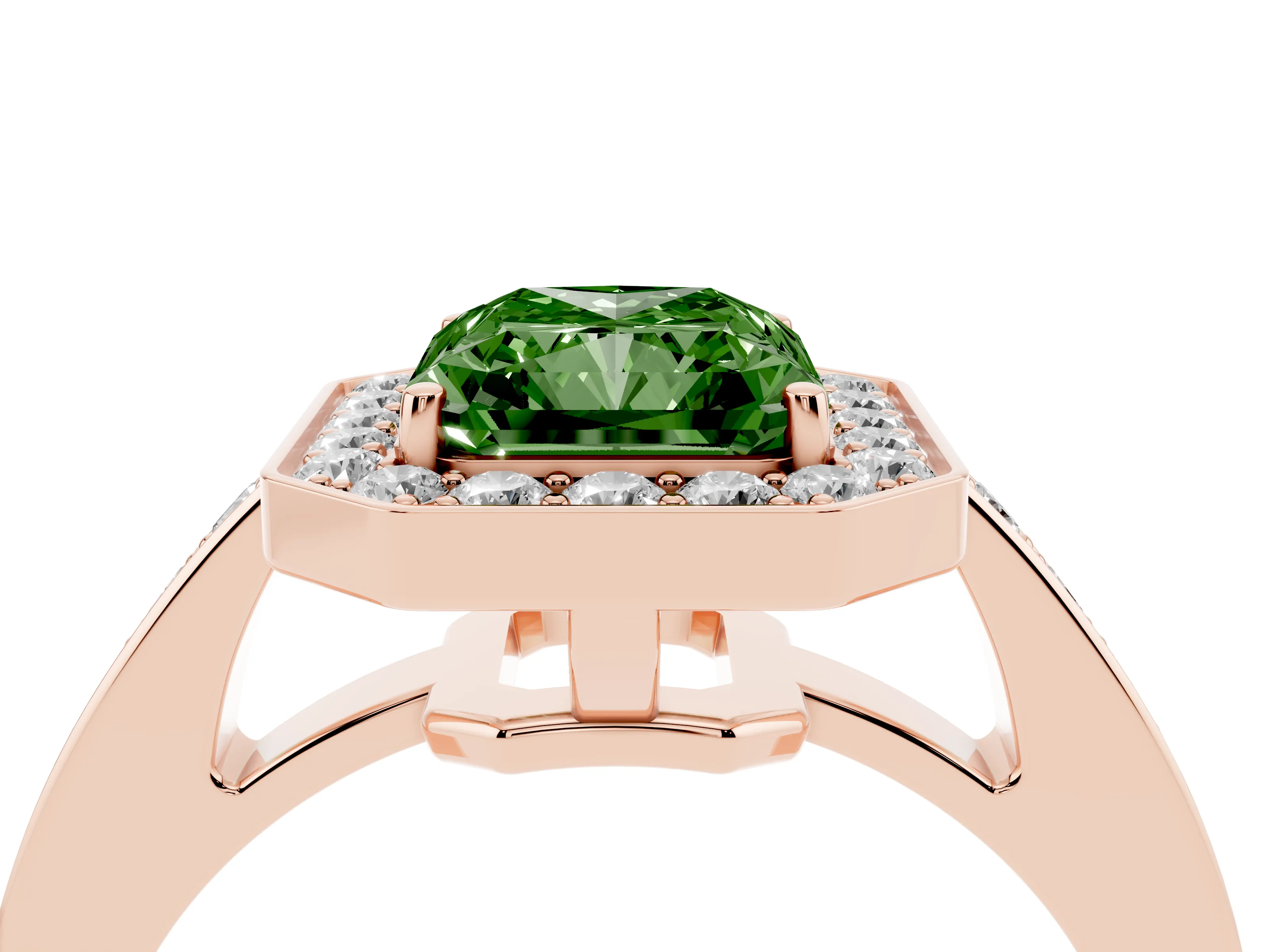 Fancy Green Radiant Cut Diamond Halo Pavé Engagement Ring Set in Rose gold with Bezel Setting