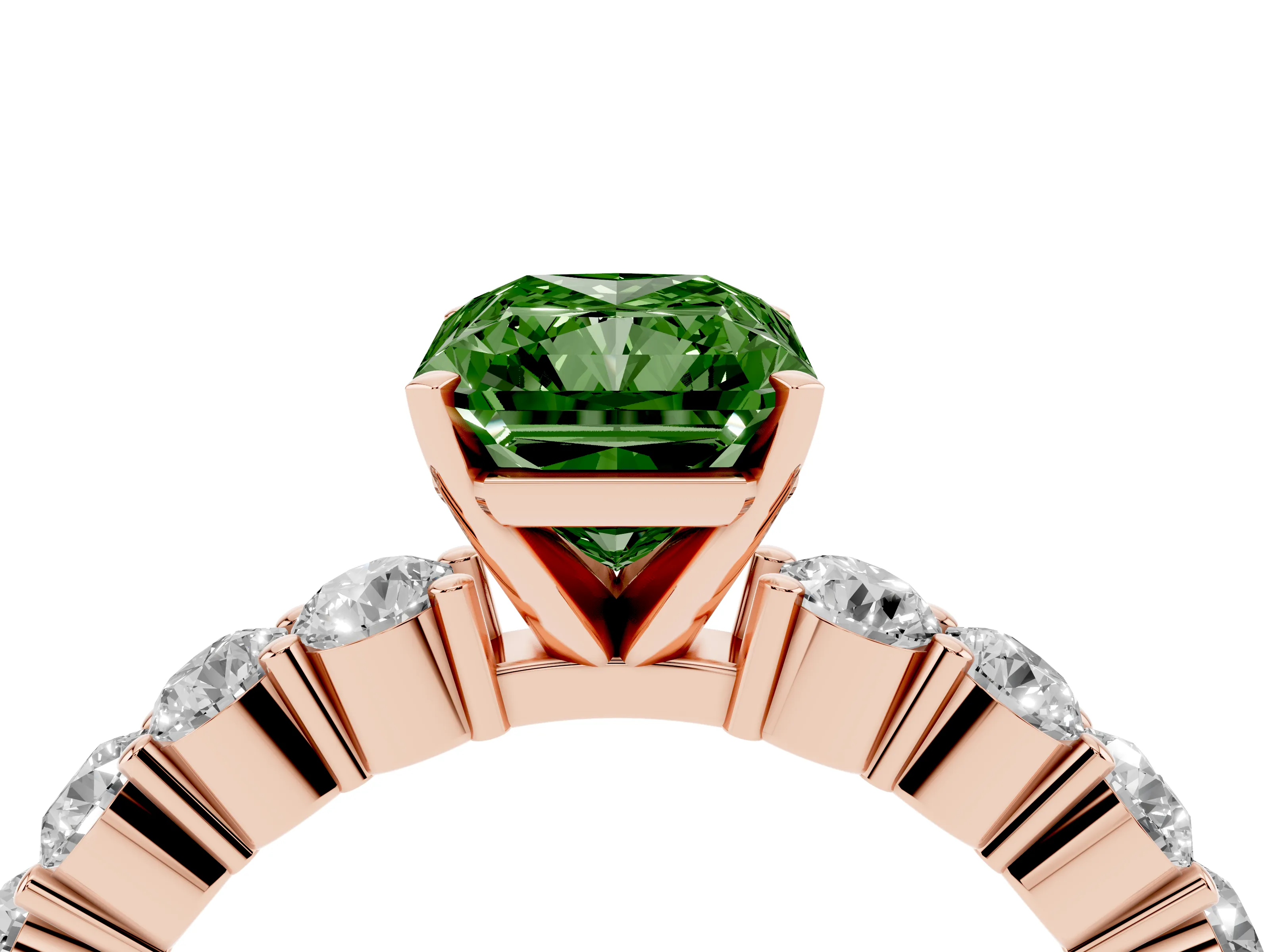 Fancy Green Radiant Cut Diamond Solitaire Ring Set in Rose gold with Shared Prong Round Side Stones