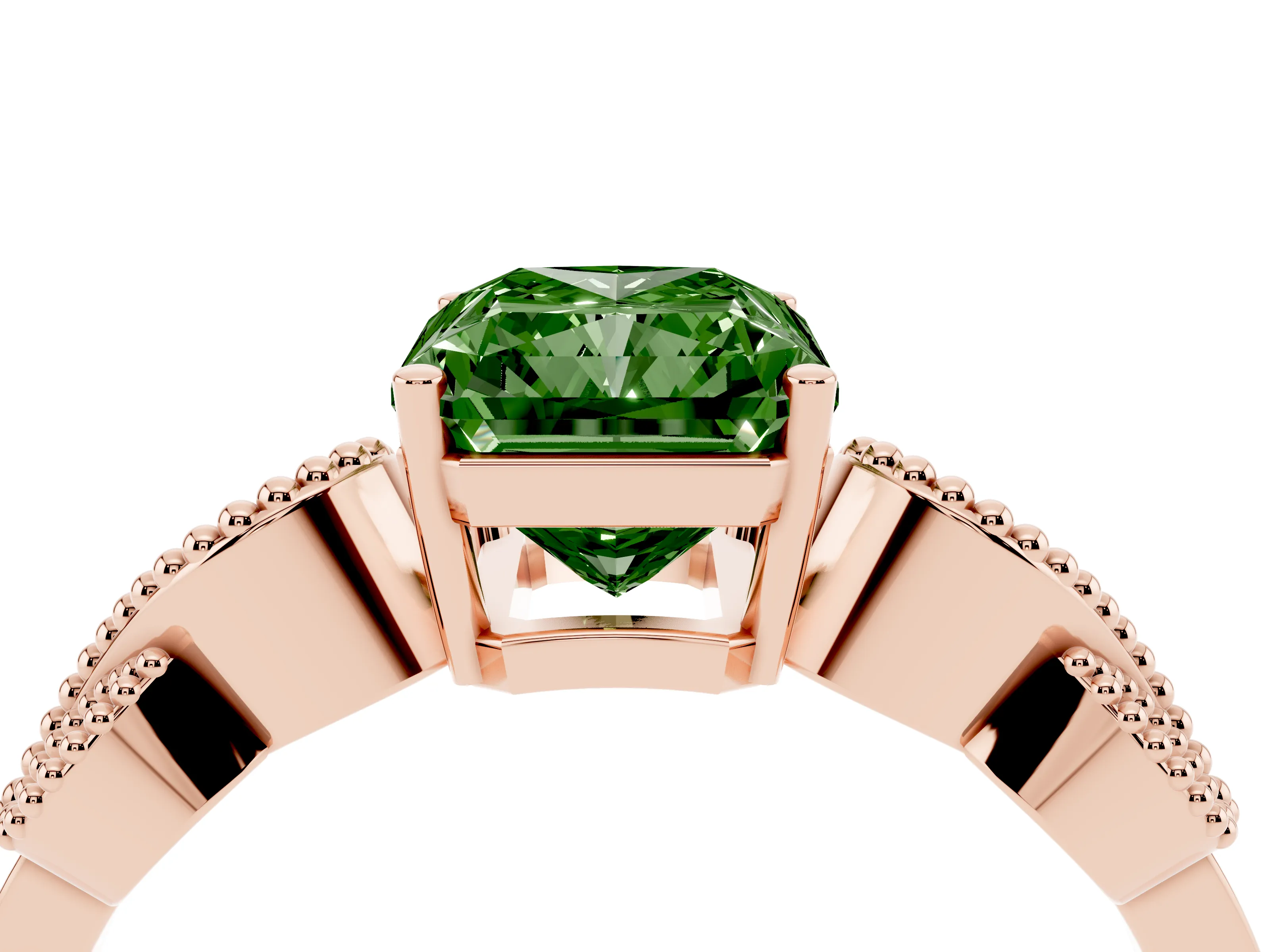Fancy Green Radiant Cut Diamond Milgrain Leaf Band Solitaire Ring Set in Rose gold with Accent Stones and Prong Setting