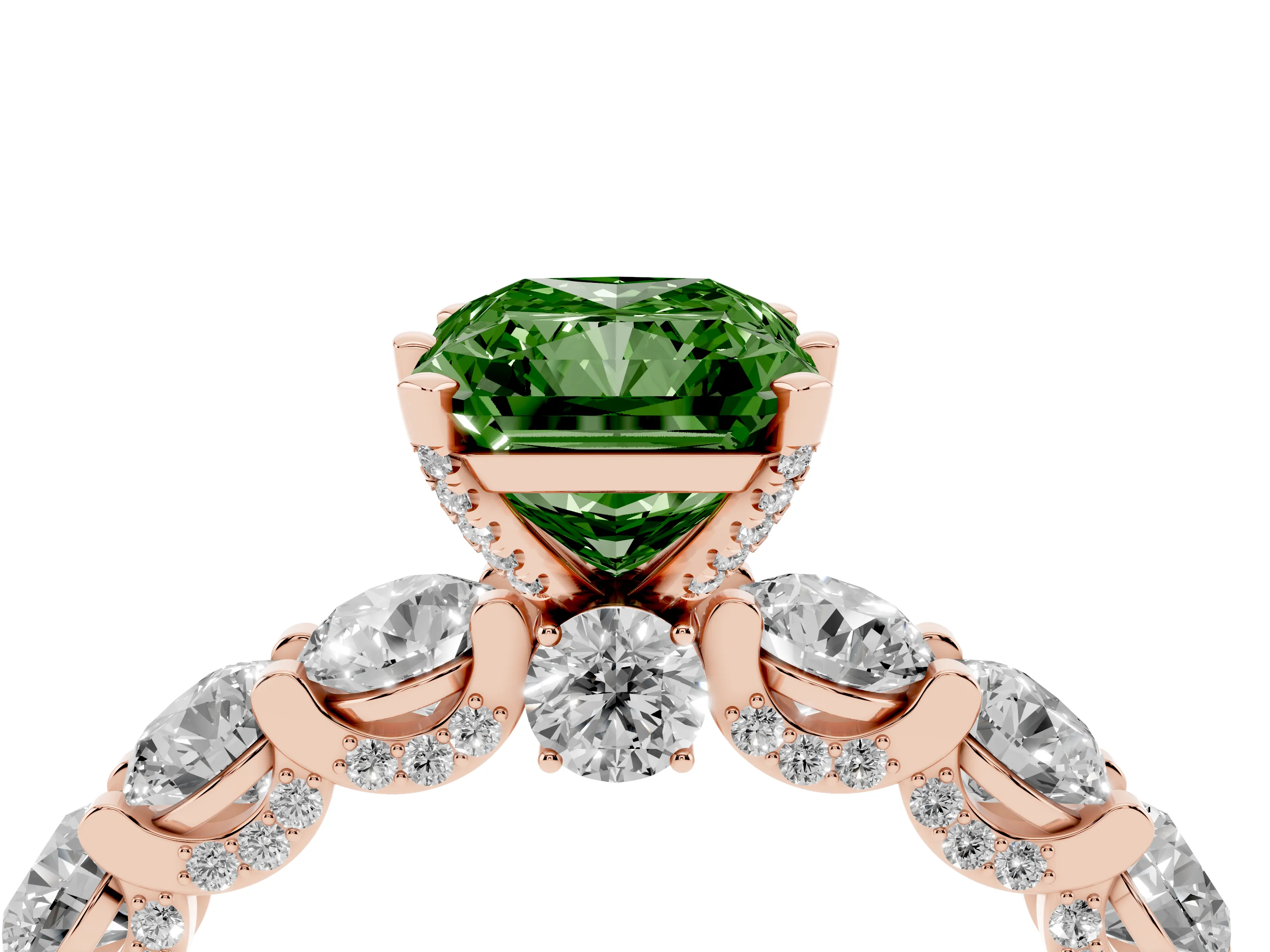 Fancy Green Radiant Cut Diamond Side Stone Ring Set in Rose gold with Alternating Round and Oval Side Stones