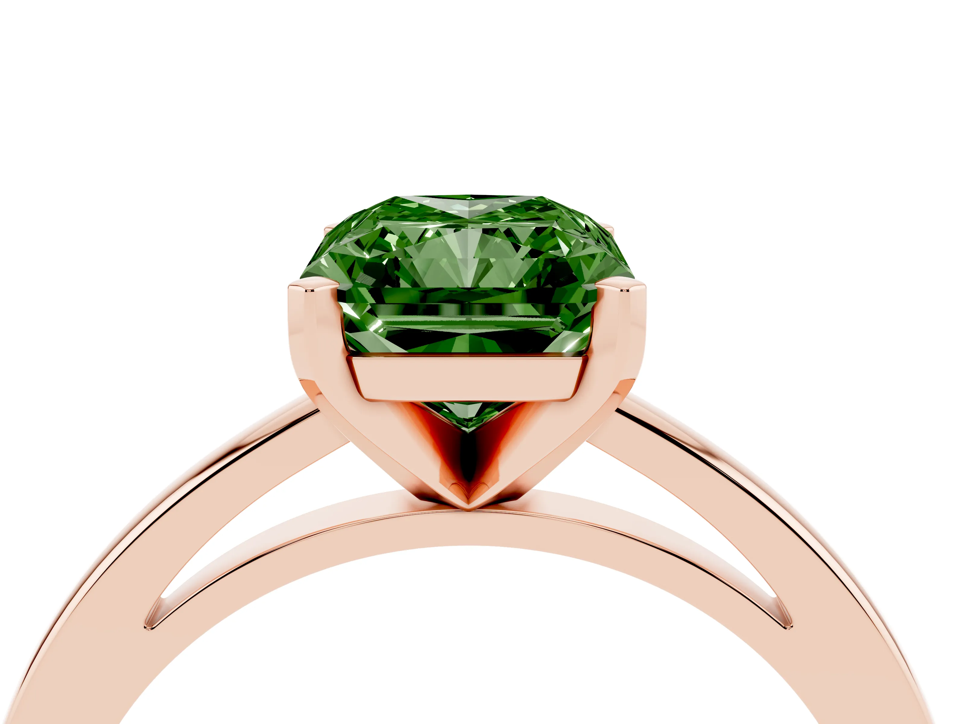 Fancy Green Radiant Cut Diamond Solitaire Engagement Ring Set in Rose gold with Prong Setting on a Classic Band