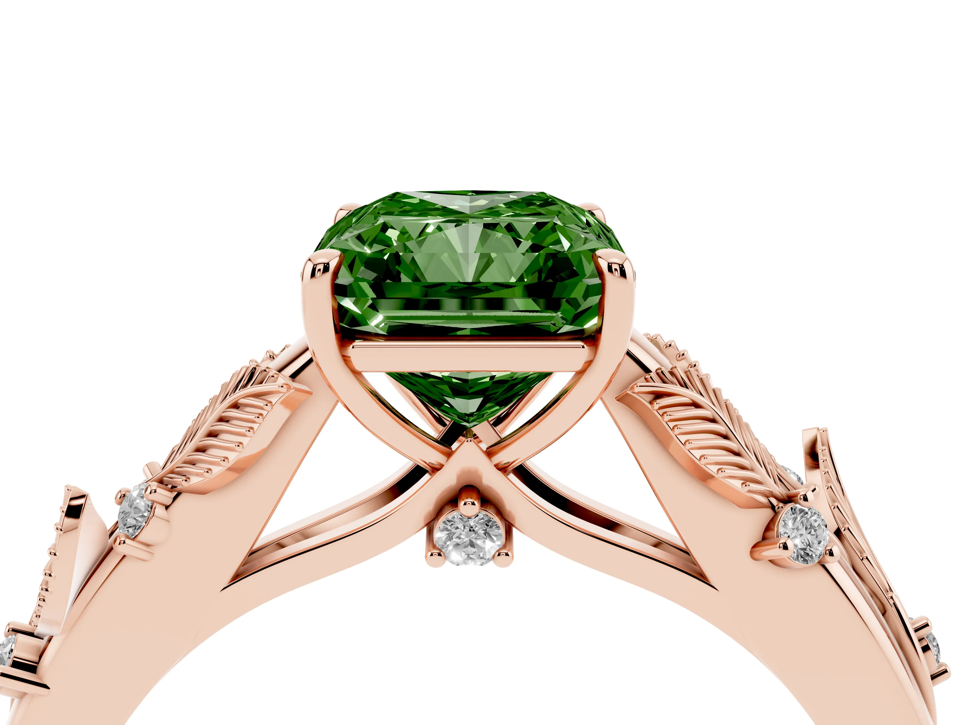 Fancy Green Radiant Cut Diamond Solitaire Ring Set in Rose gold with Leaf Motif Band