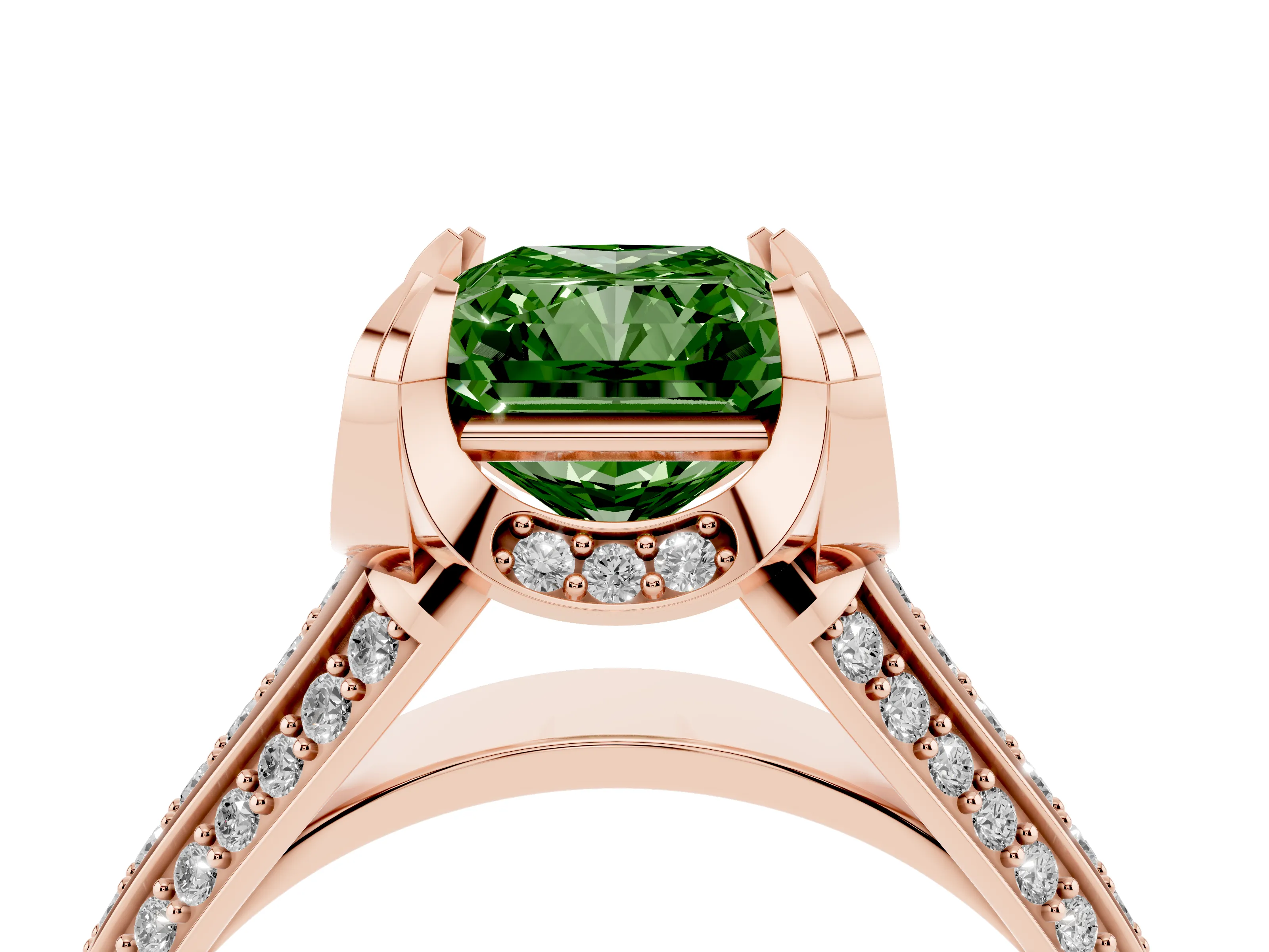 Fancy Green Radiant Cut Diamond Pavé Split Shank Solitaire Ring Set in Rose gold with Prong Setting