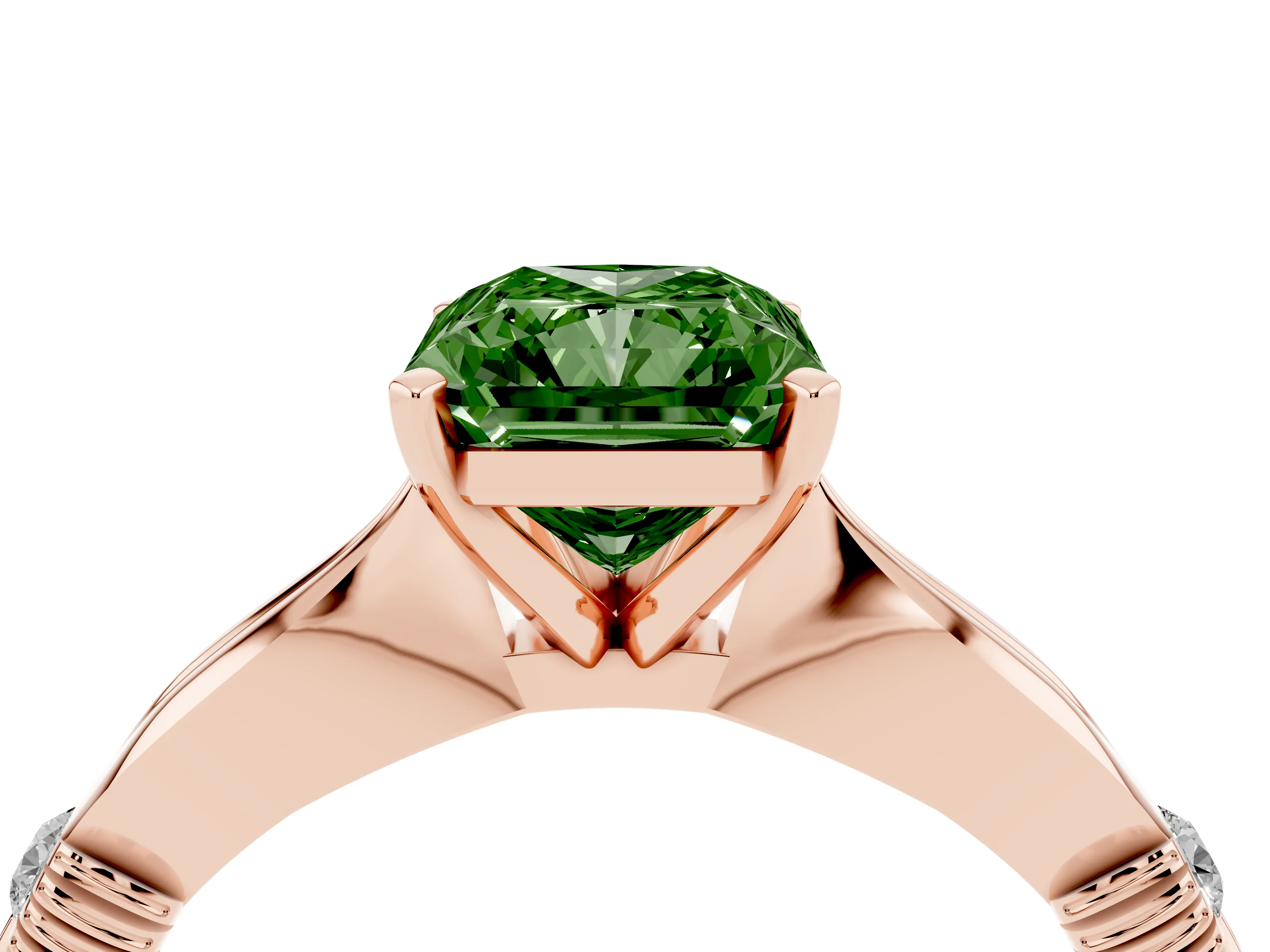 Fancy Green Radiant Cut Diamond Solitaire Twisted Band Ring Set in Rose gold with Accent Stones and Prong Setting