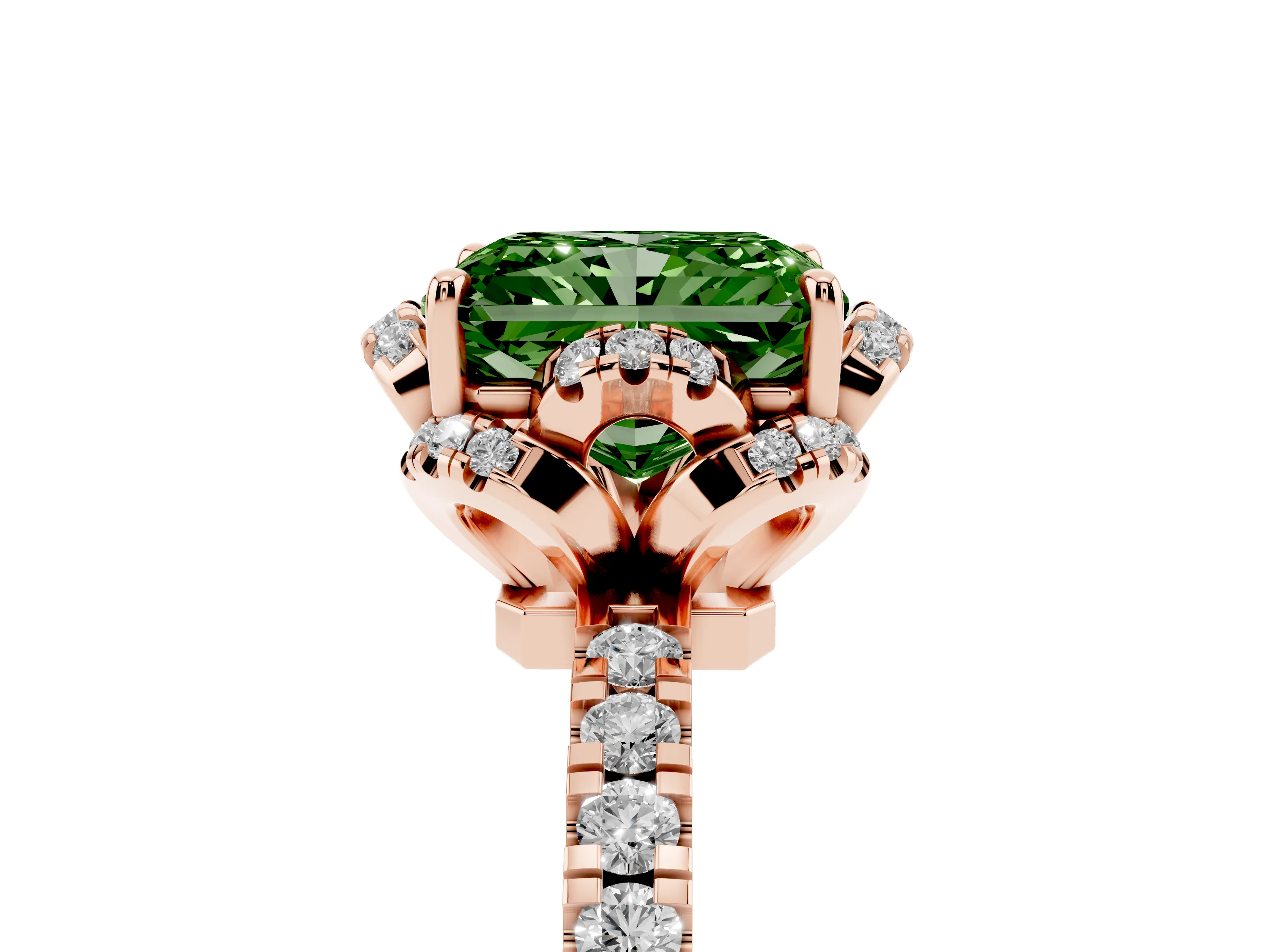 Fancy Green Radiant Cut Diamond Halo Pavé Band Ring Set in Rose gold with Prong-Held Center