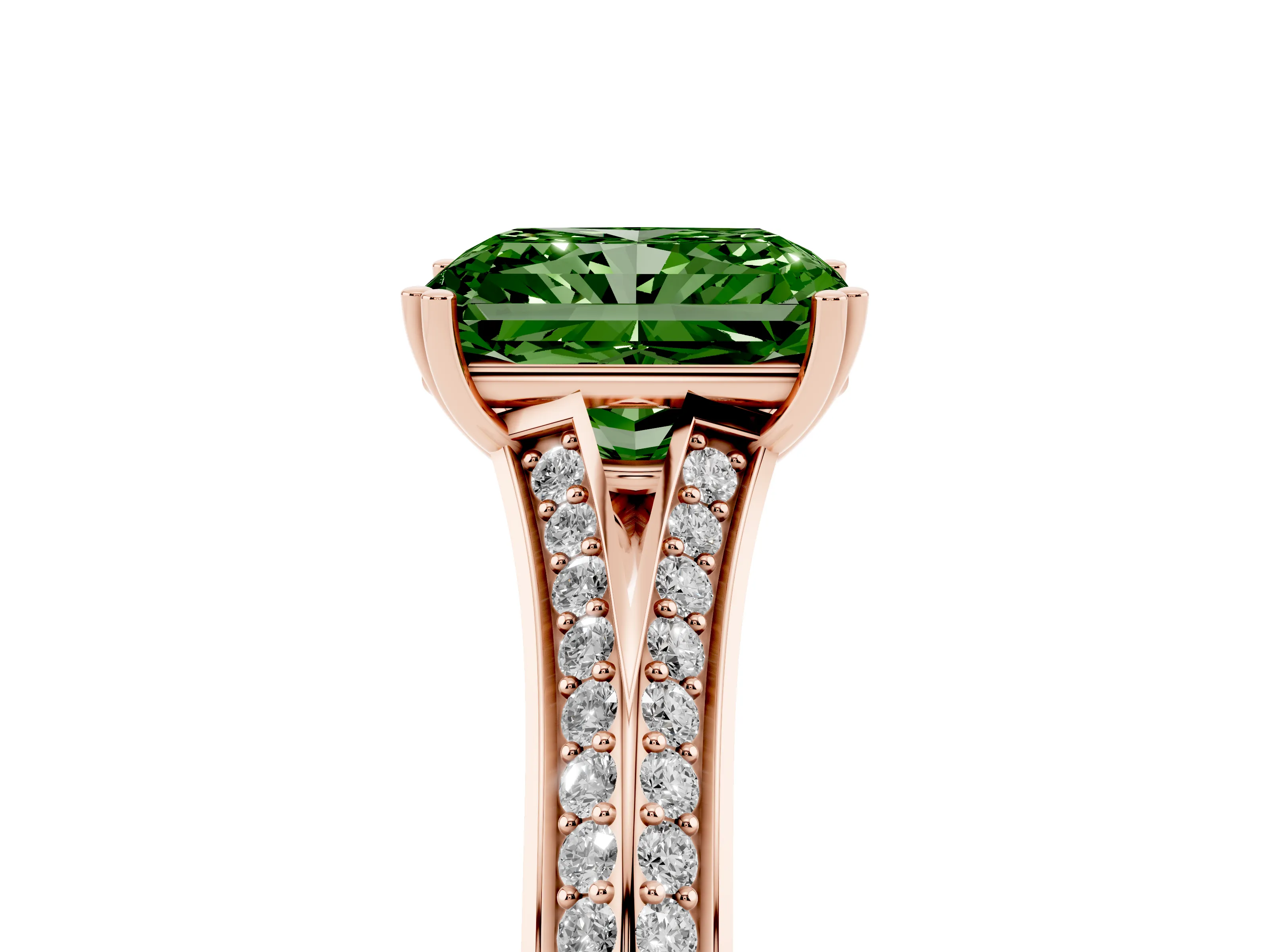 Fancy Green Radiant Cut Diamond Split Shank Pavé Engagement Ring Set in Rose gold with Prong-Set Center Stone