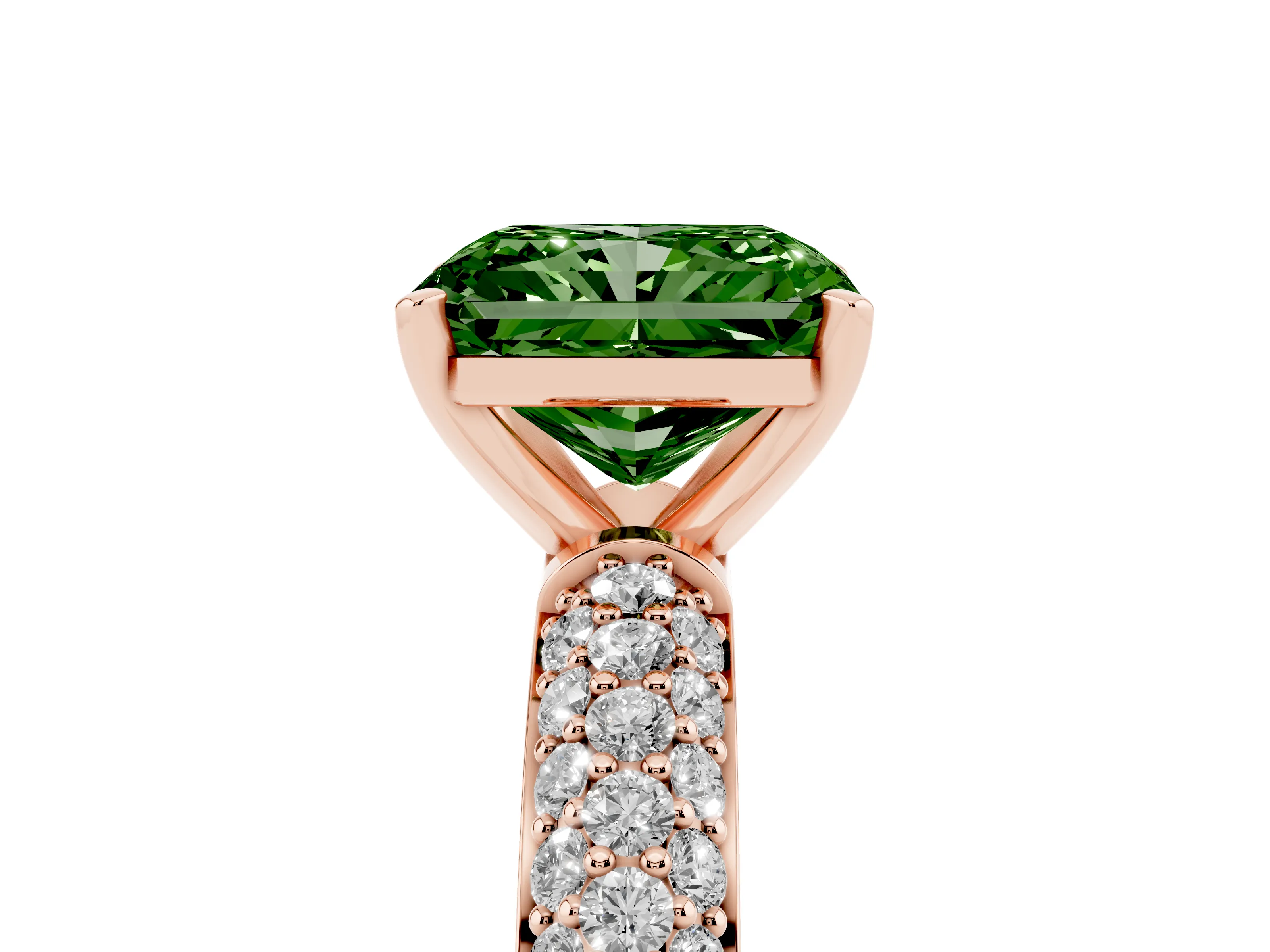 Fancy Green Radiant Cut Diamond Solitaire Ring Set in Rose gold with Prong Setting and Pavé-Set Band