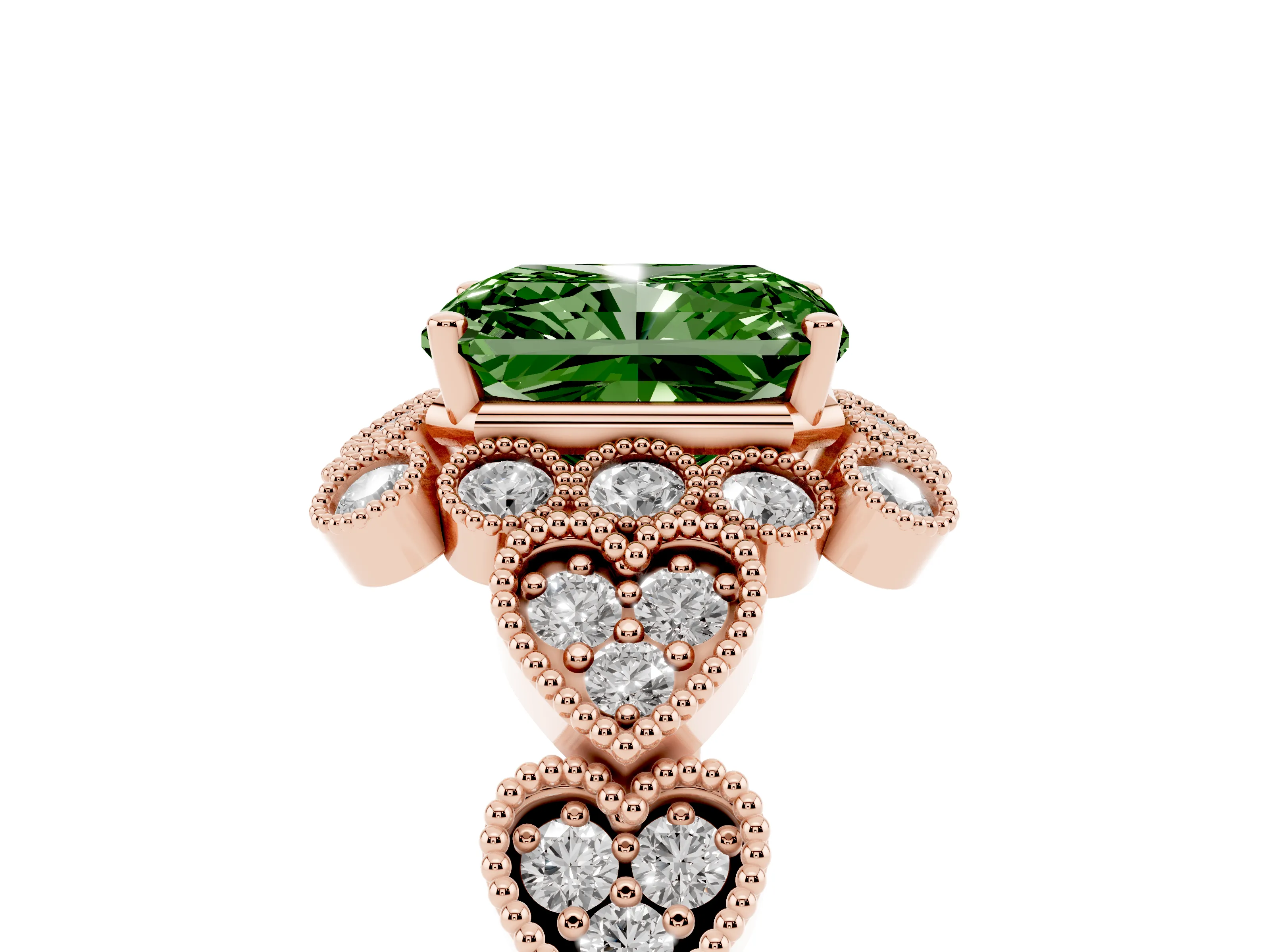 Fancy Green Radiant Cut Diamond Solitaire Ring Set in Rose gold with Milgrain Pavé Heart Band