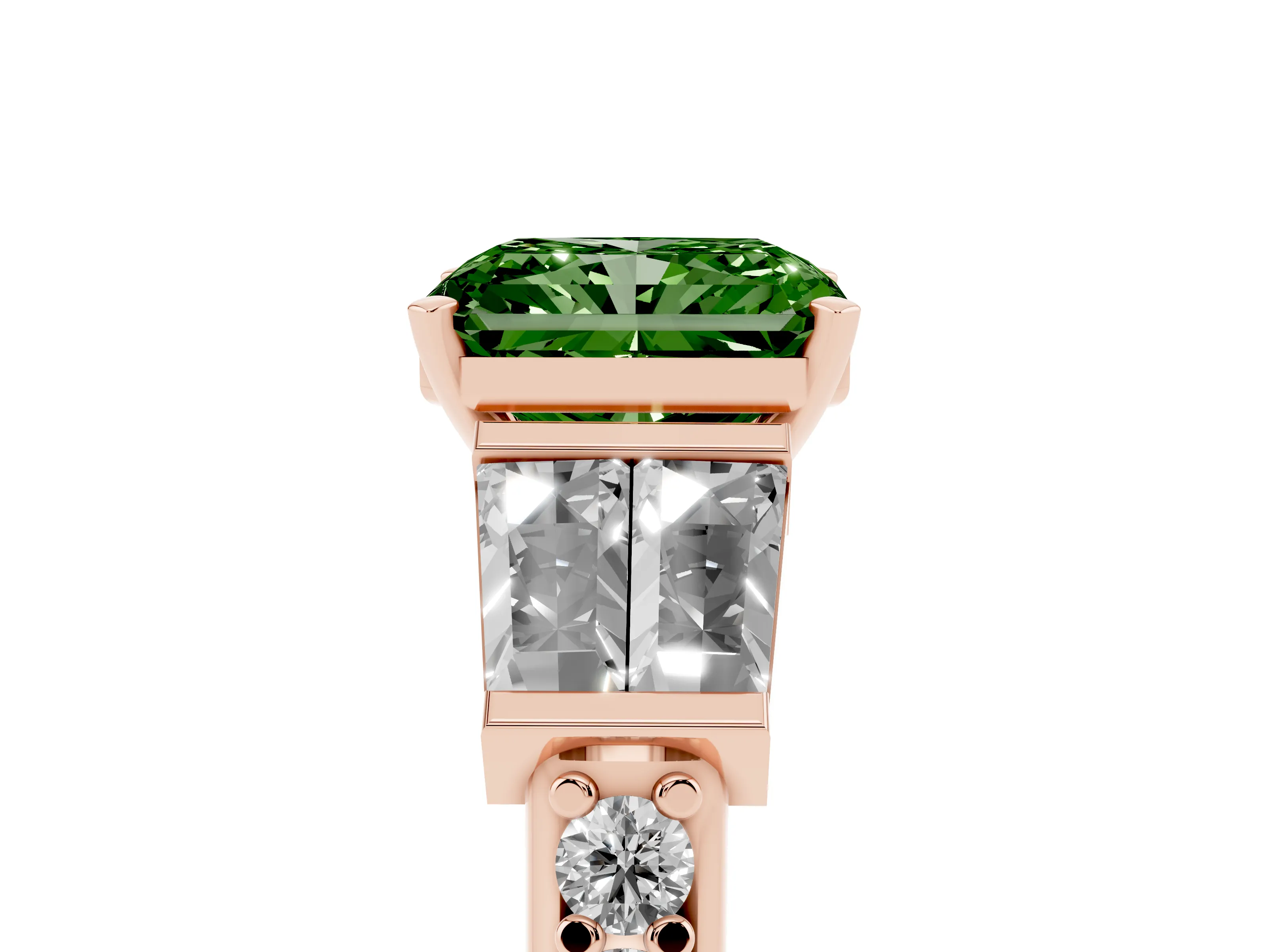 Fancy Green Radiant Cut Diamond Engagement Ring Set in Rose gold with Baguette Side Stones and Channel Set Band