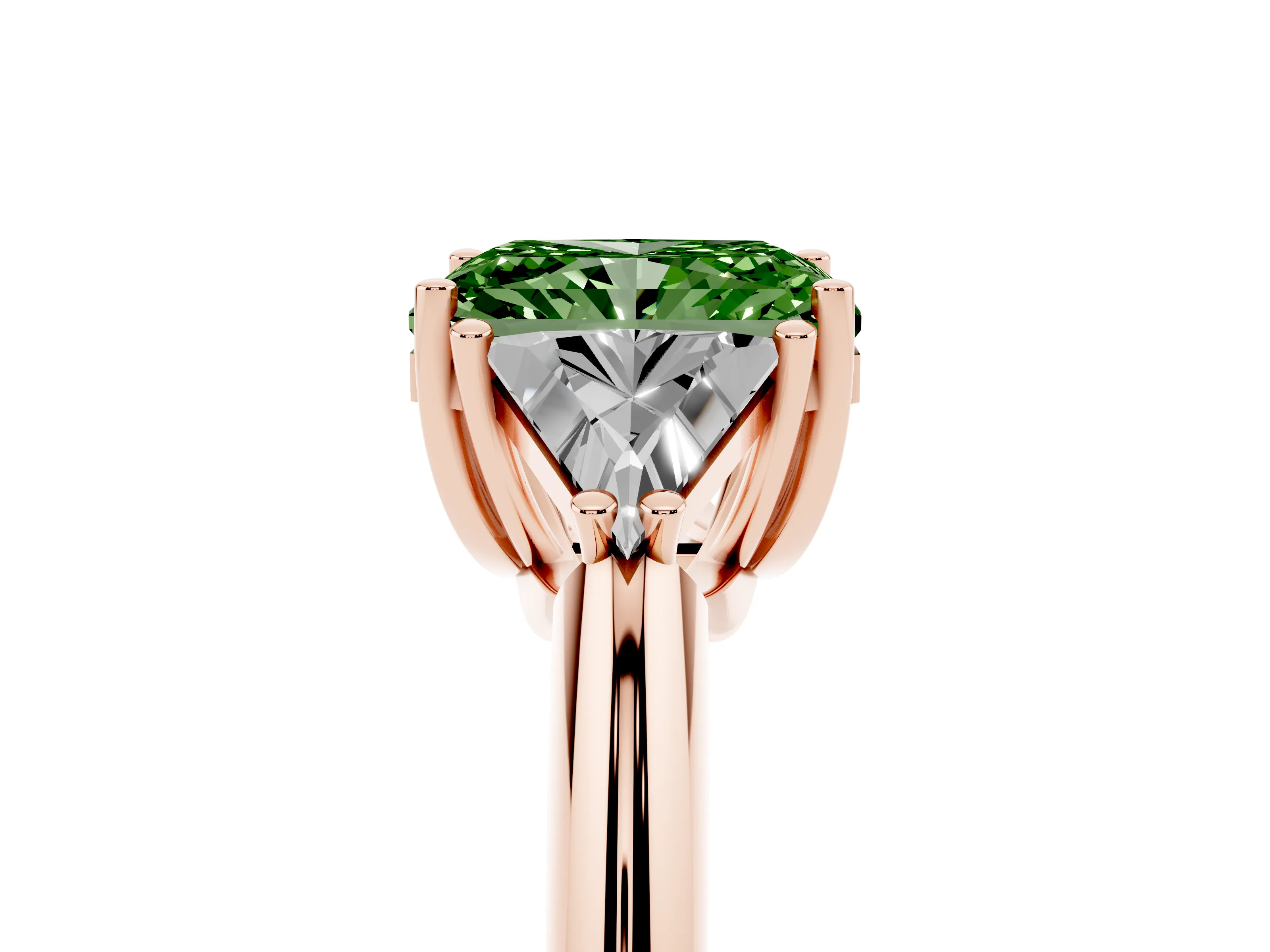 Fancy Green Radiant Cut Diamond Three-Stone Engagement Ring Set in Rose gold with Trillion Side Stones