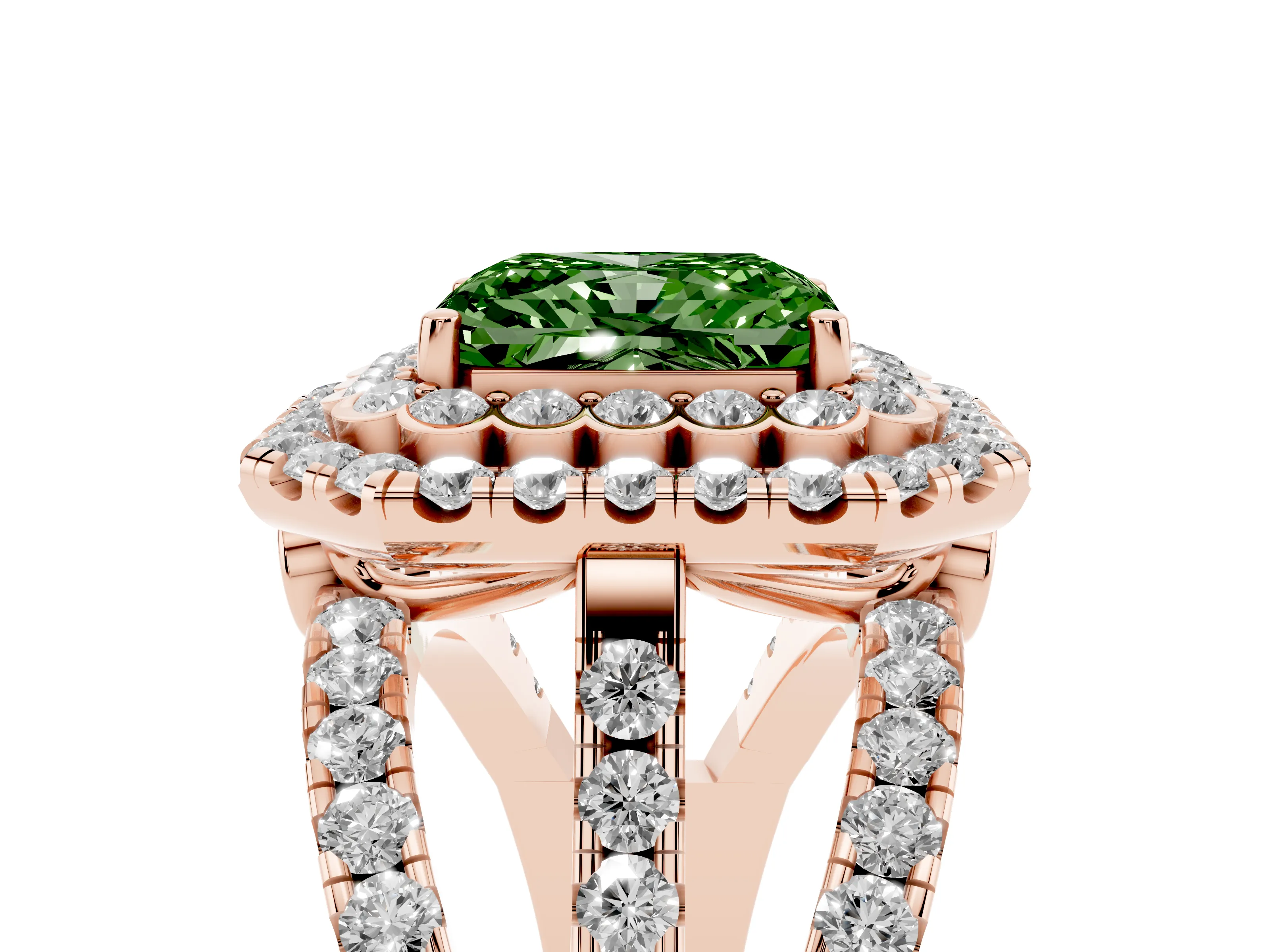 Fancy Green Radiant Cut Diamond Double Halo Ring Set in Rose gold with Round Pavé Split Shank