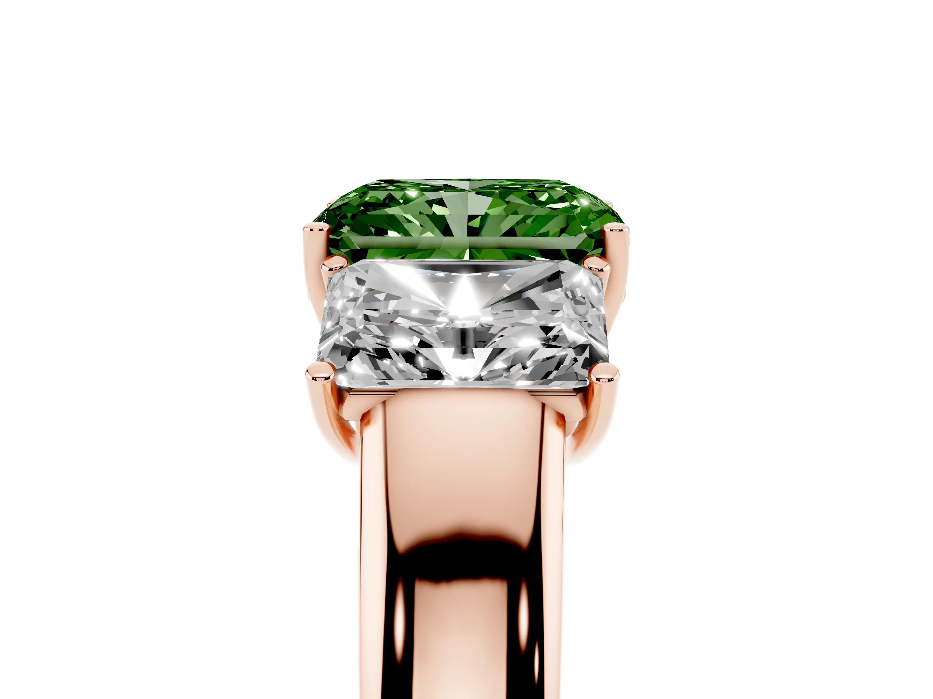 Fancy Green Three-Stone Radiant Cut Diamond Ring Set in Rose gold with Matching Prong Settings and Plain Band