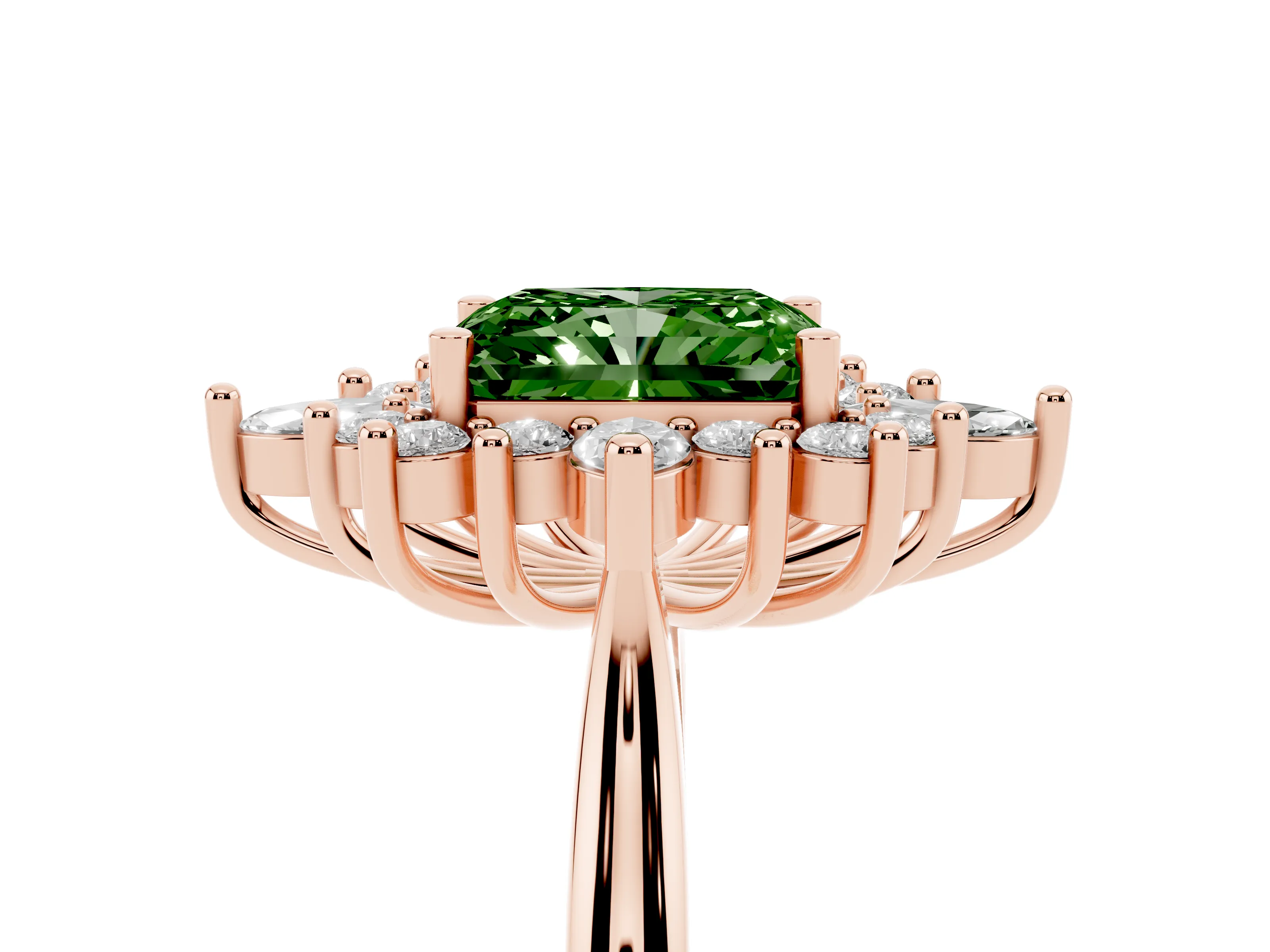 Fancy Green Radiant Cut Diamond Cluster Halo Ring Set in Rose gold with Marquise and Round Accents