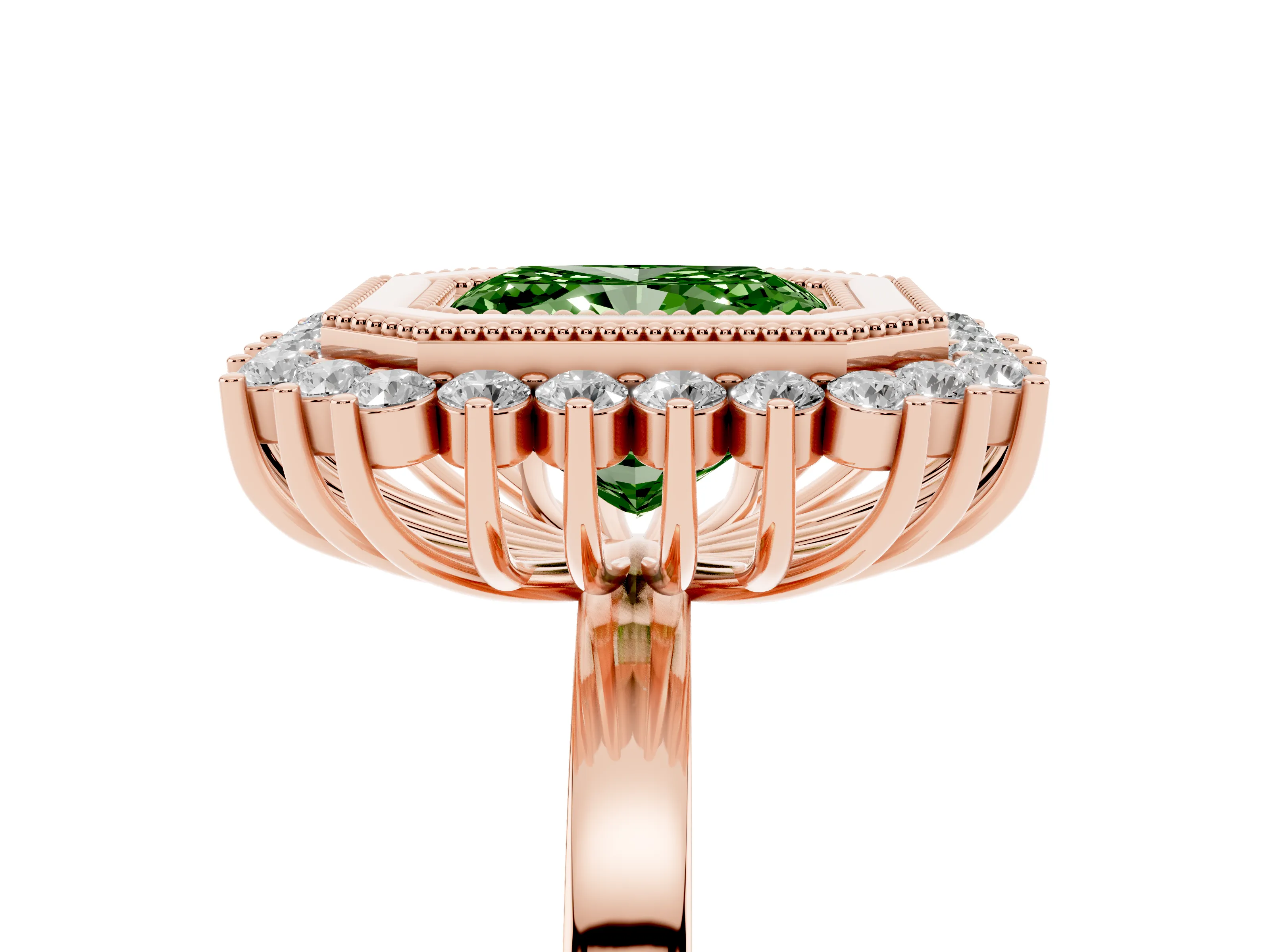 Fancy Green Radiant Cut Diamond Halo Ring Set in Rose gold with Milgrain Edge and Round Prong Setting