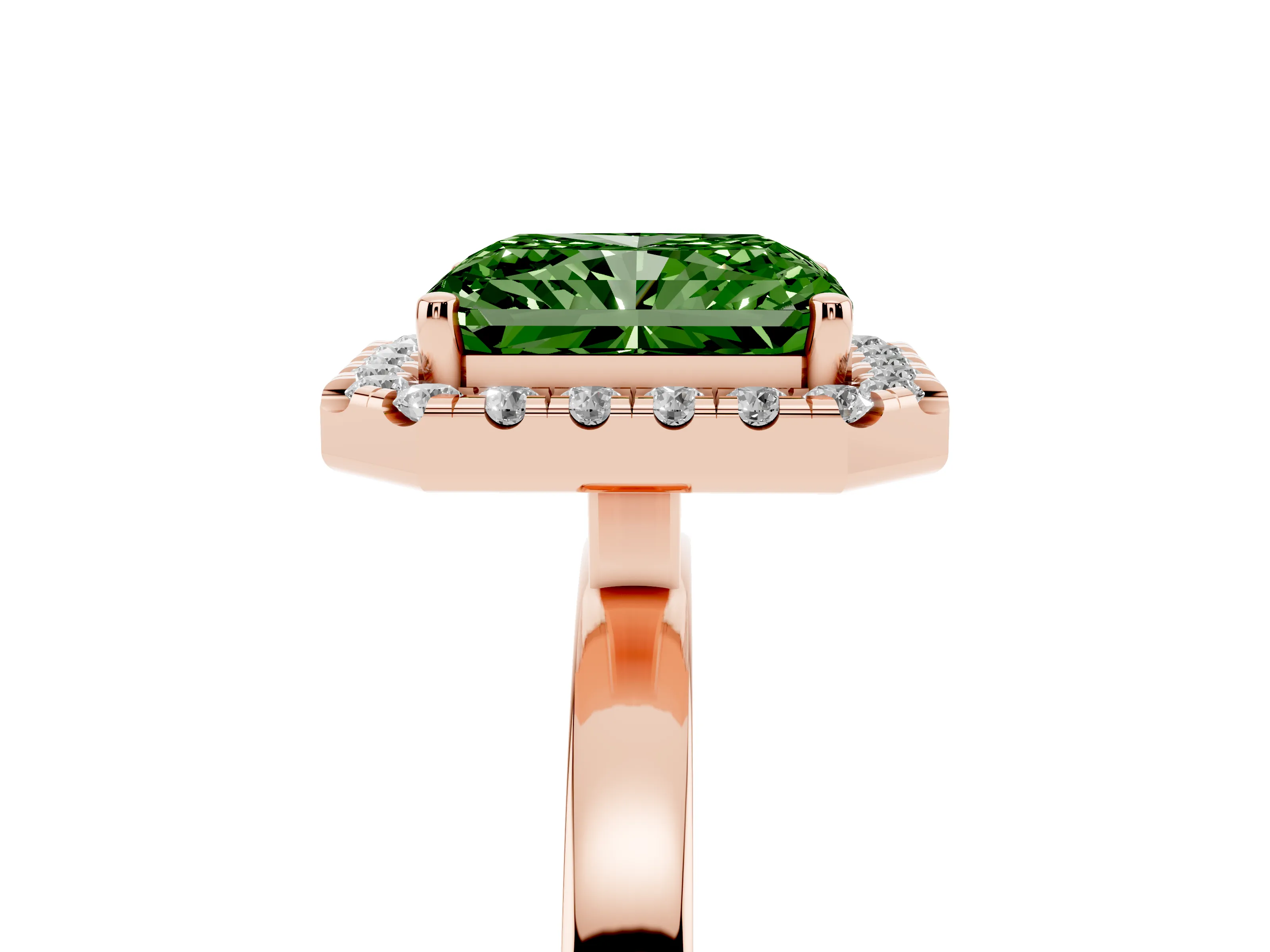 Fancy Green Radiant Cut Diamond Halo Solitaire Ring Set in Rose gold with Pavé Band and Prong Setting