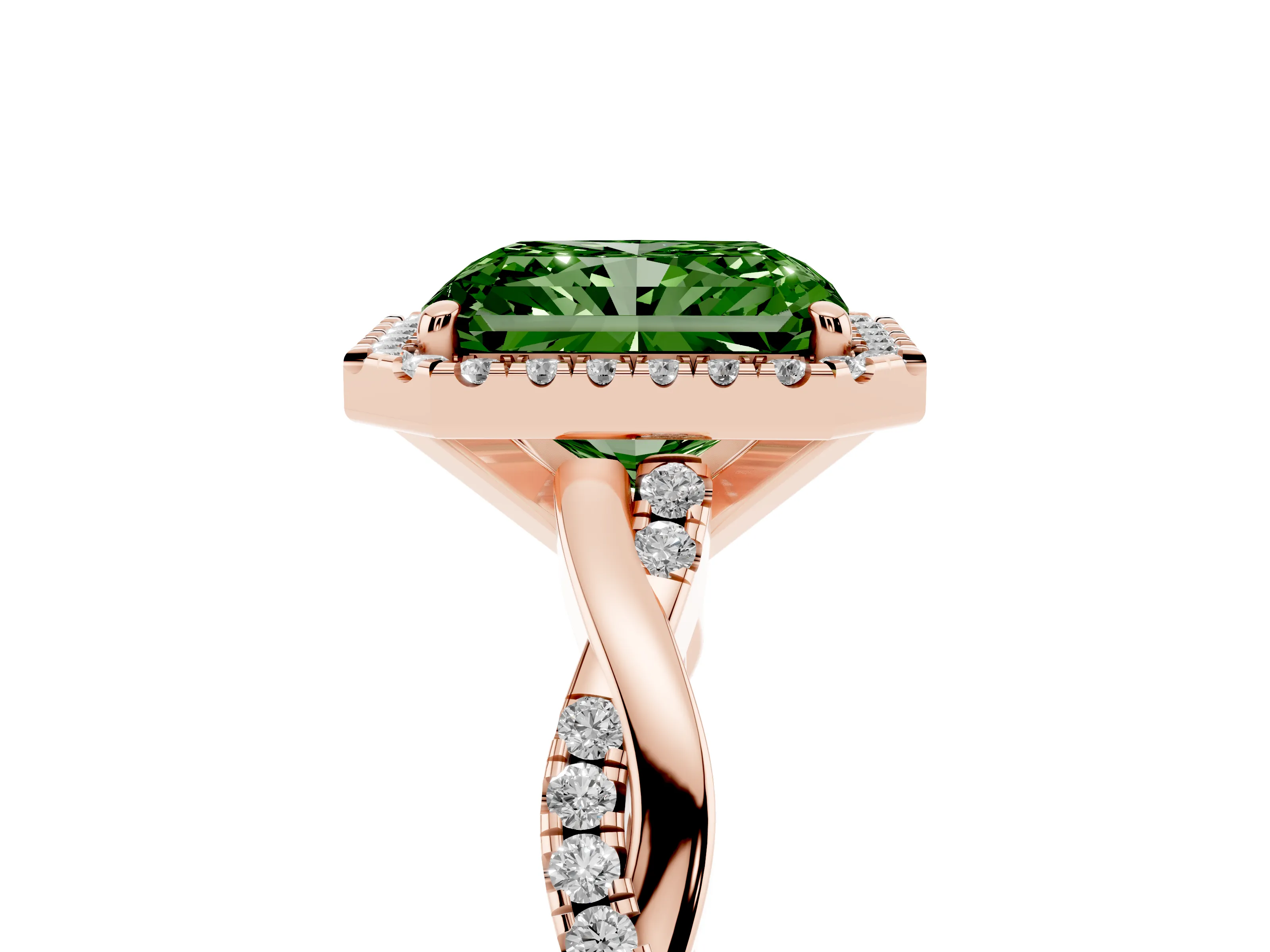 Fancy Green Radiant Cut Diamond Halo Twisted Band Ring Set in Rose gold with Prong Setting