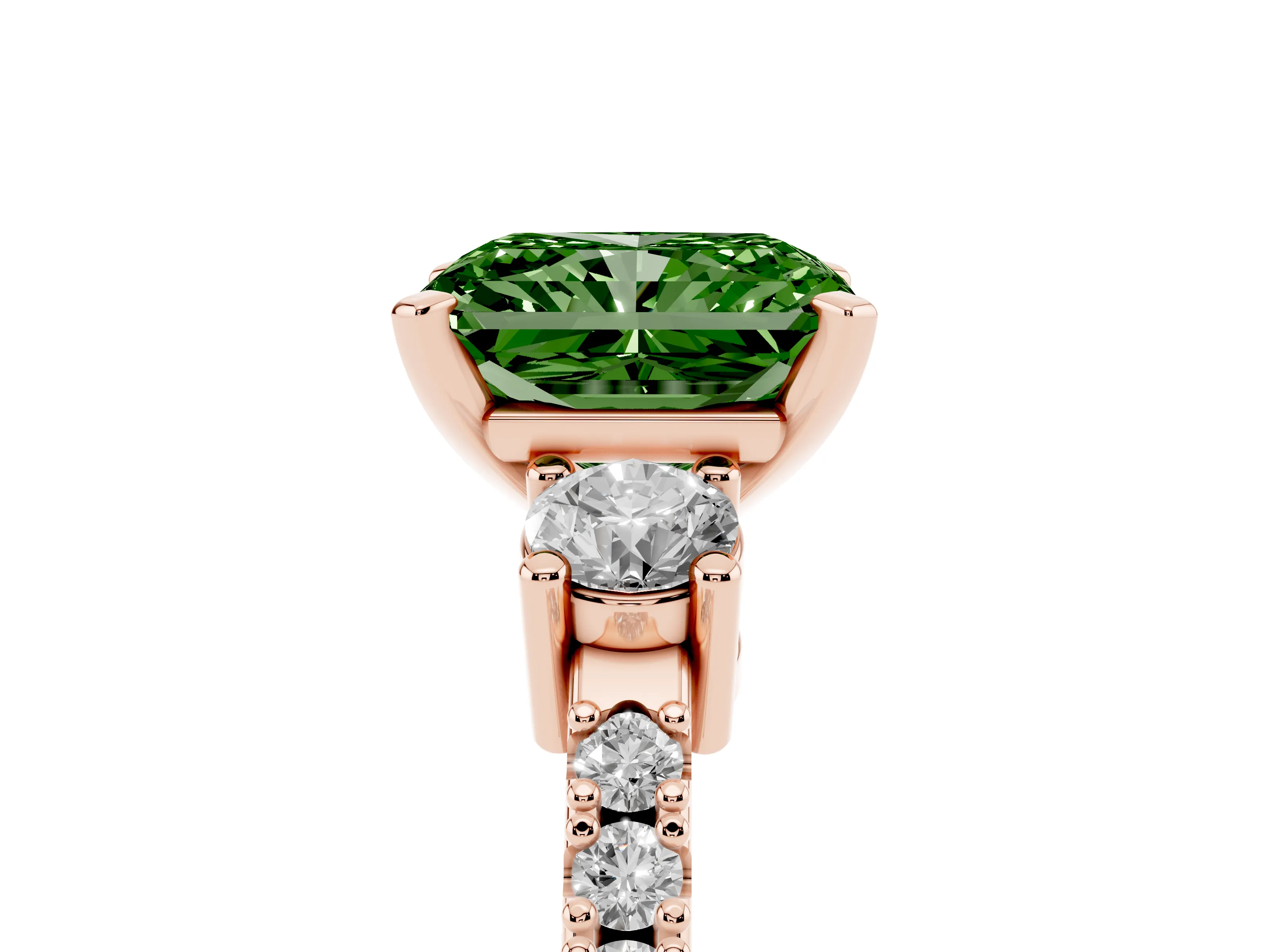 Fancy Green Three-Stone Radiant Cut Diamond Pavé Band Ring Set in Rose gold with Prong Setting