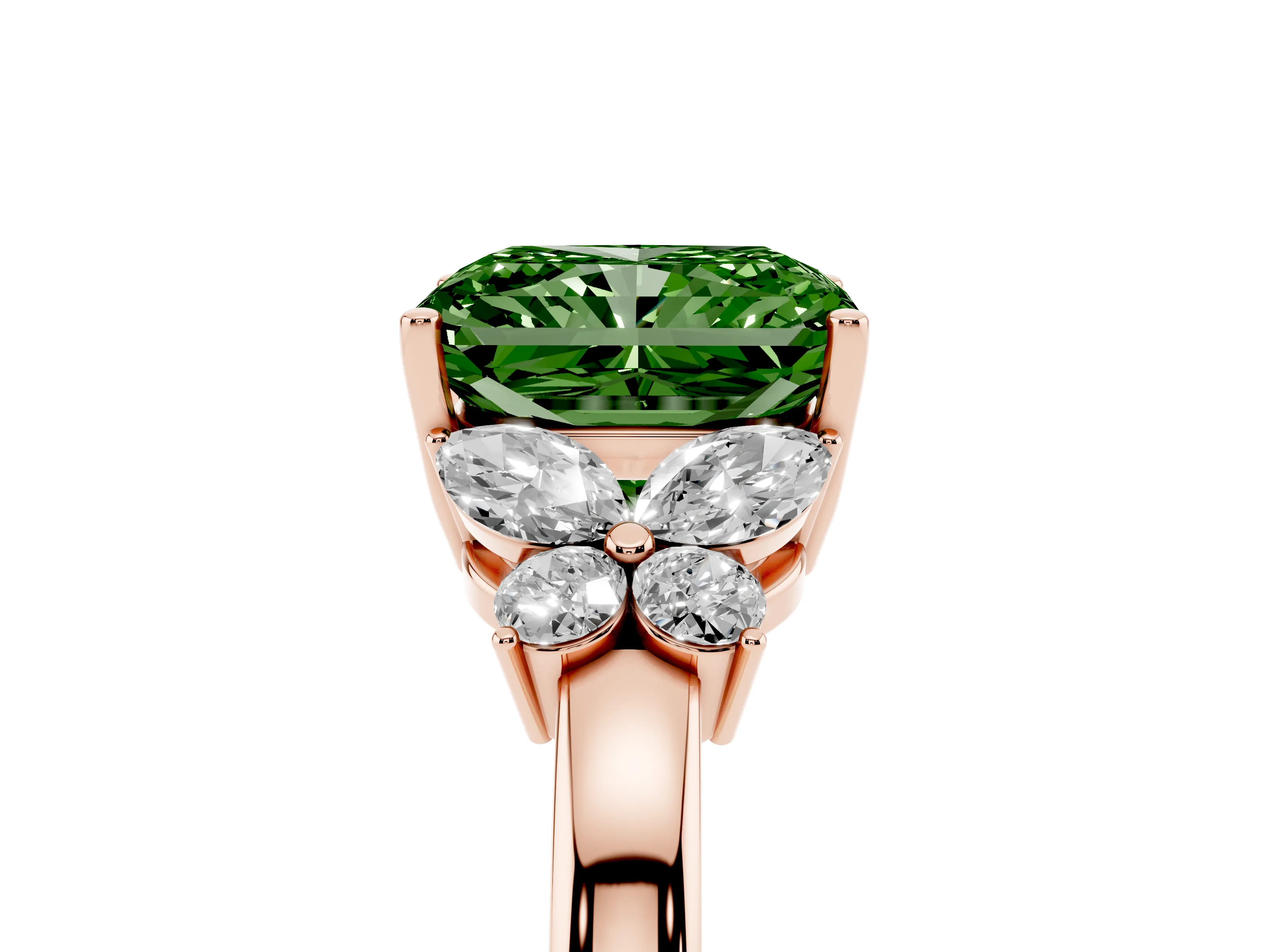 Fancy Green Radiant Cut Diamond Solitaire Floral Ring Set in Rose gold with Marquise Petals and Prong Setting