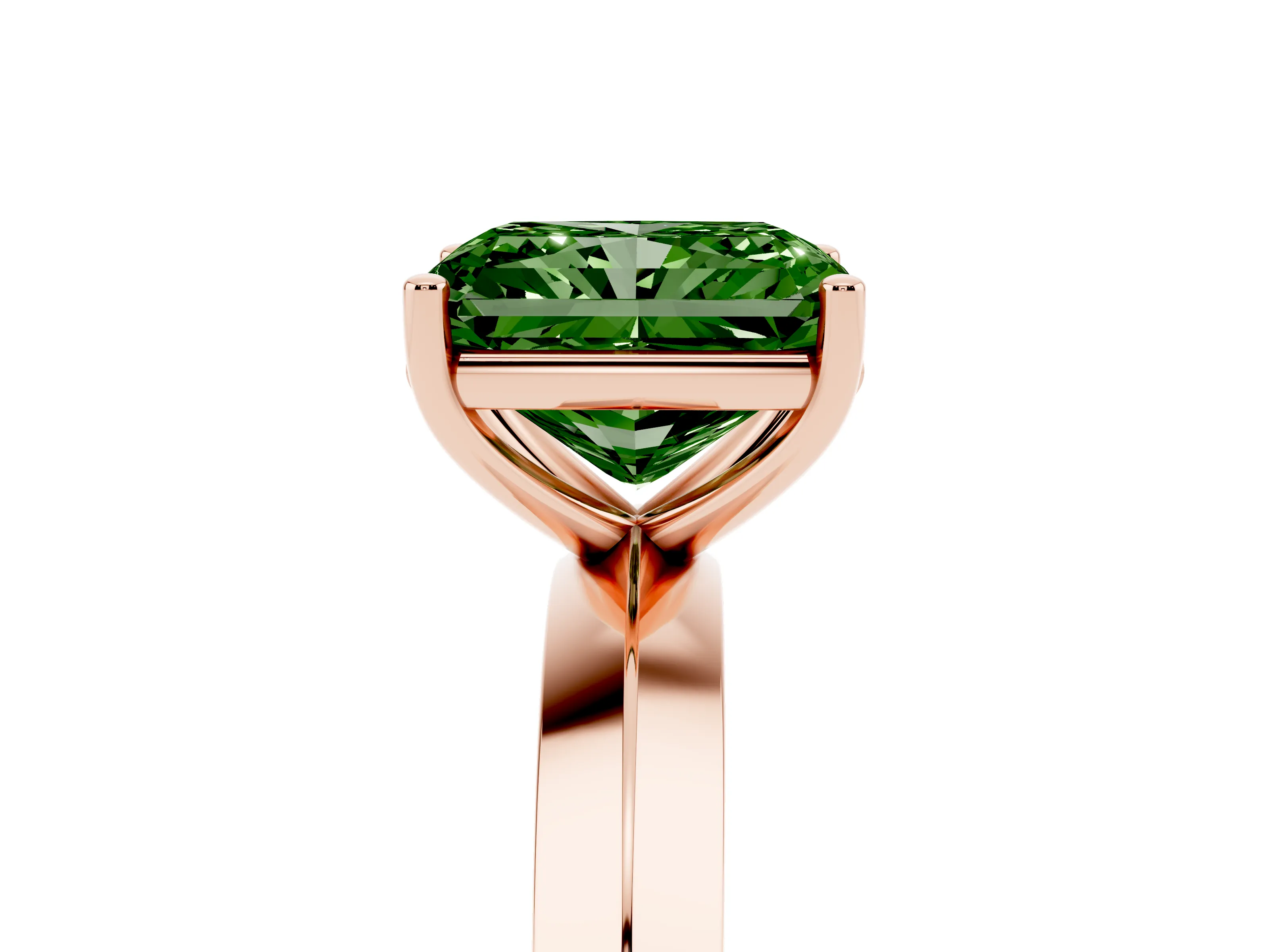 Fancy Green Radiant Cut Diamond Solitaire Engagement Ring Set in Rose gold with Flat Band and Prong Setting