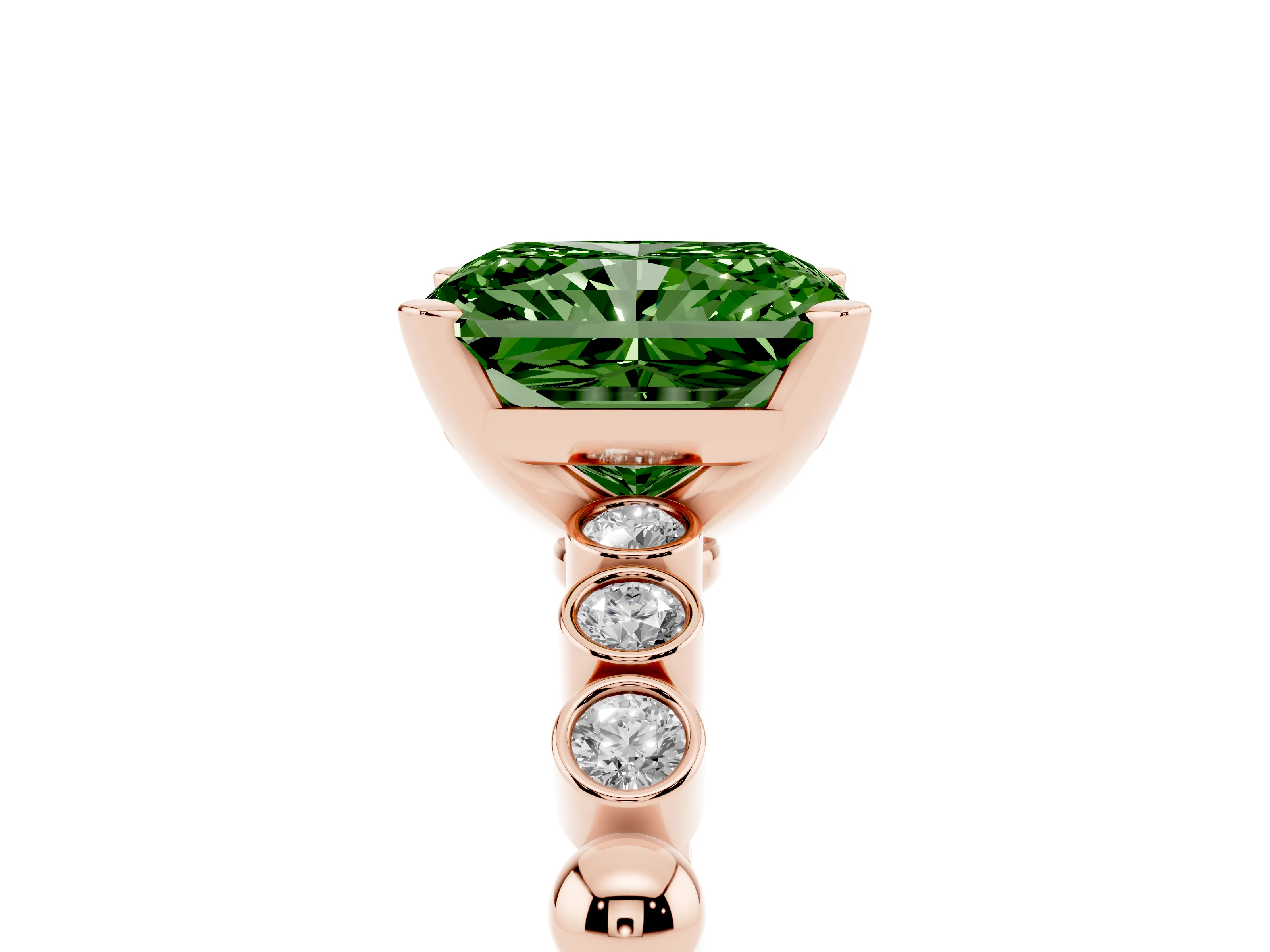 Fancy Green Radiant Cut Diamond Solitaire Engagement Ring Set in Rose gold with Bezel Accents on Beaded Band