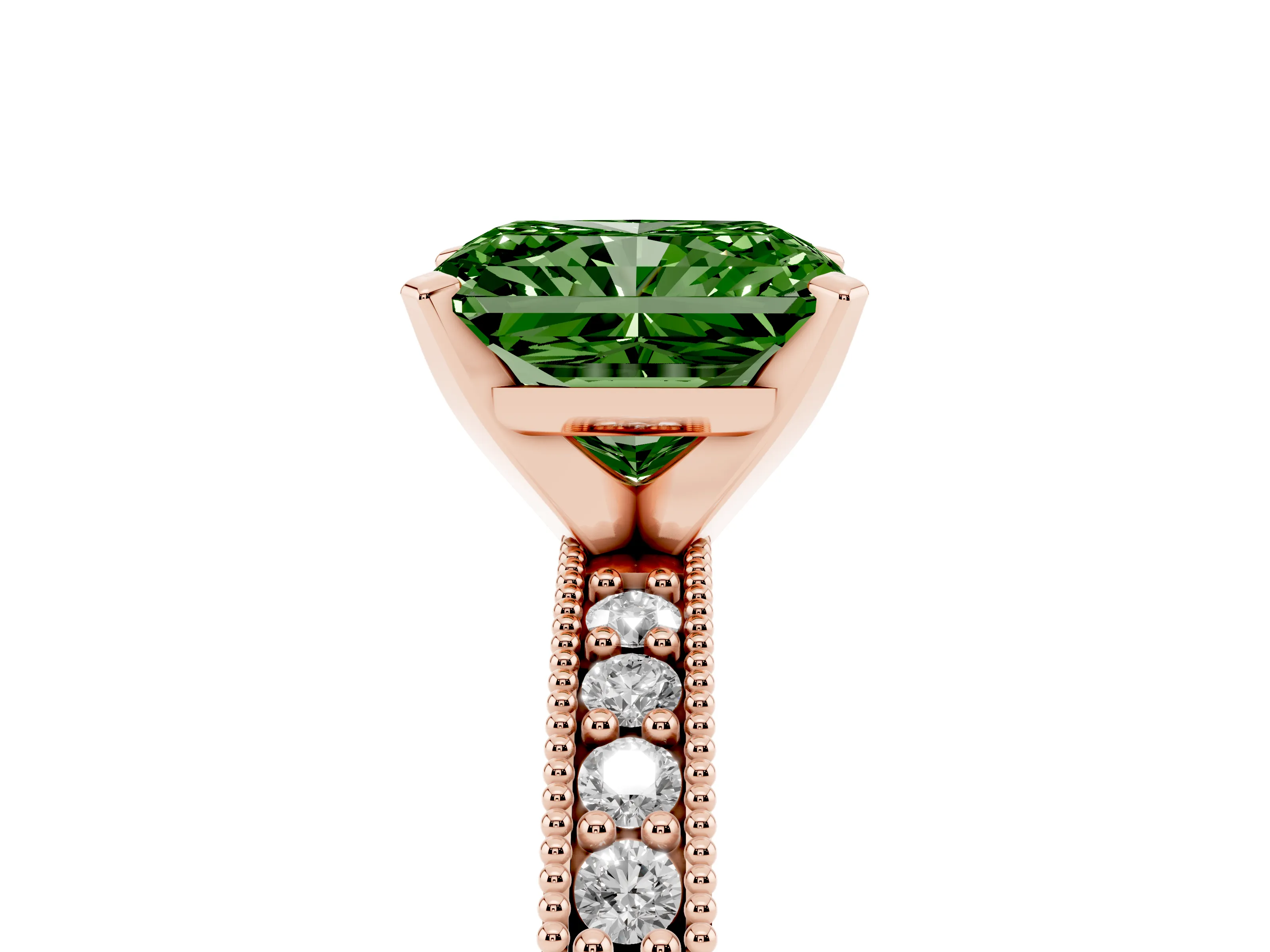 Fancy Green Radiant Cut Diamond Milgrain Pavé Engagement Ring Set in Rose gold with Prong Setting