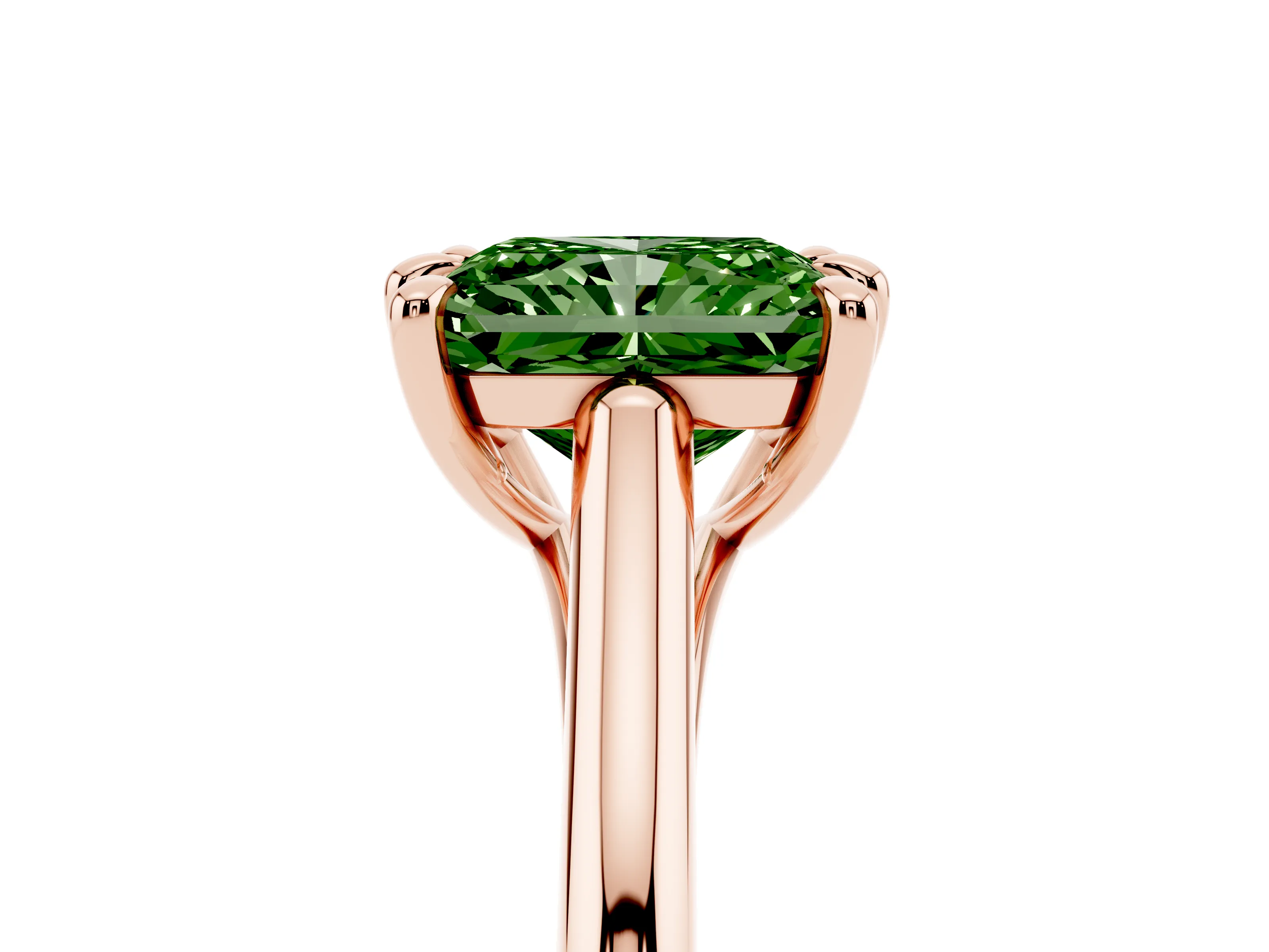 Fancy Green Radiant Cut Diamond Solitaire Engagement Ring Set in Rose gold with Prong Setting and Plain Classic Band
