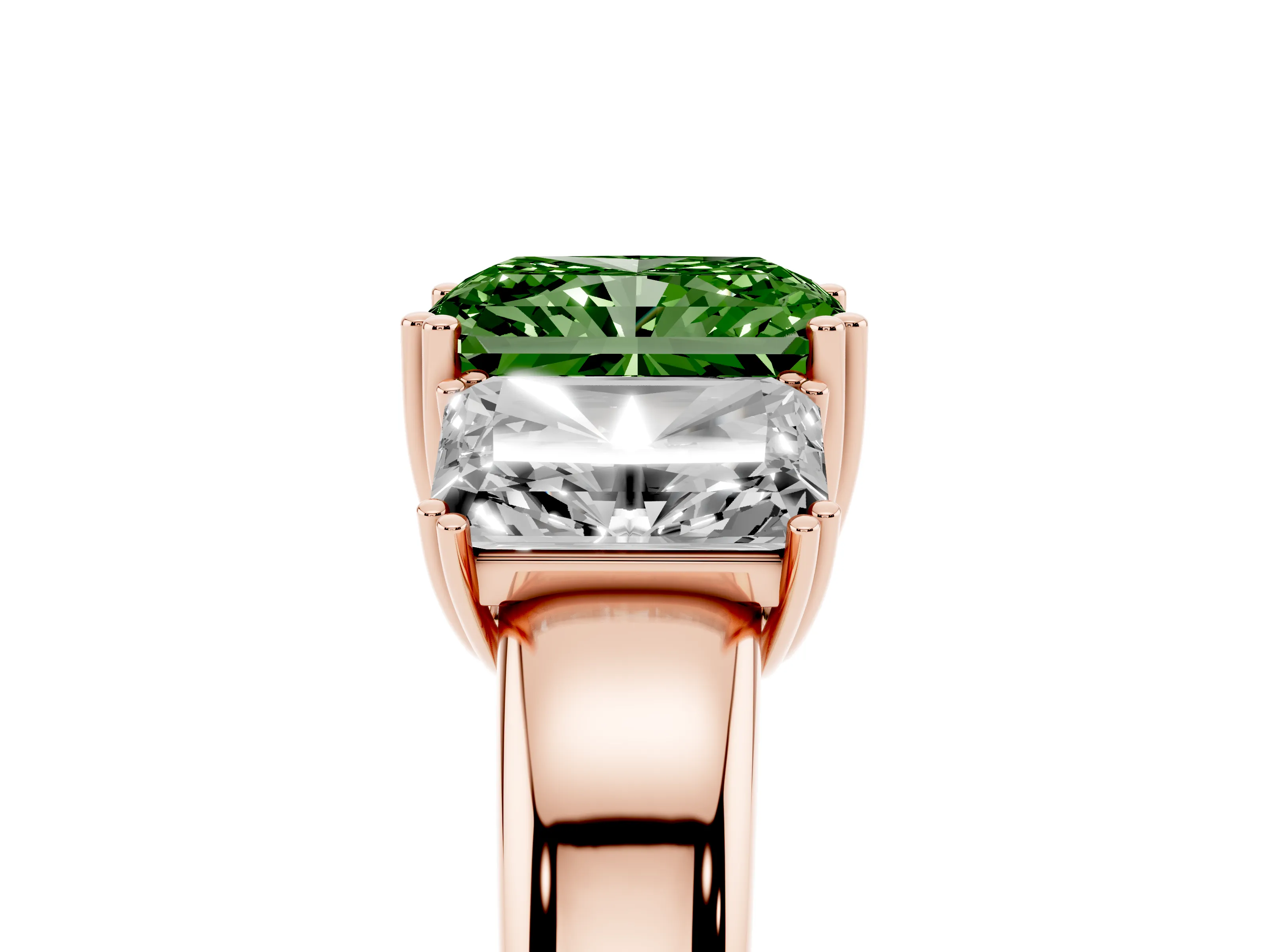 Fancy Green Radiant Cut Diamond Three-Stone Ring Set in Rose gold with Polished Channel-Set Band