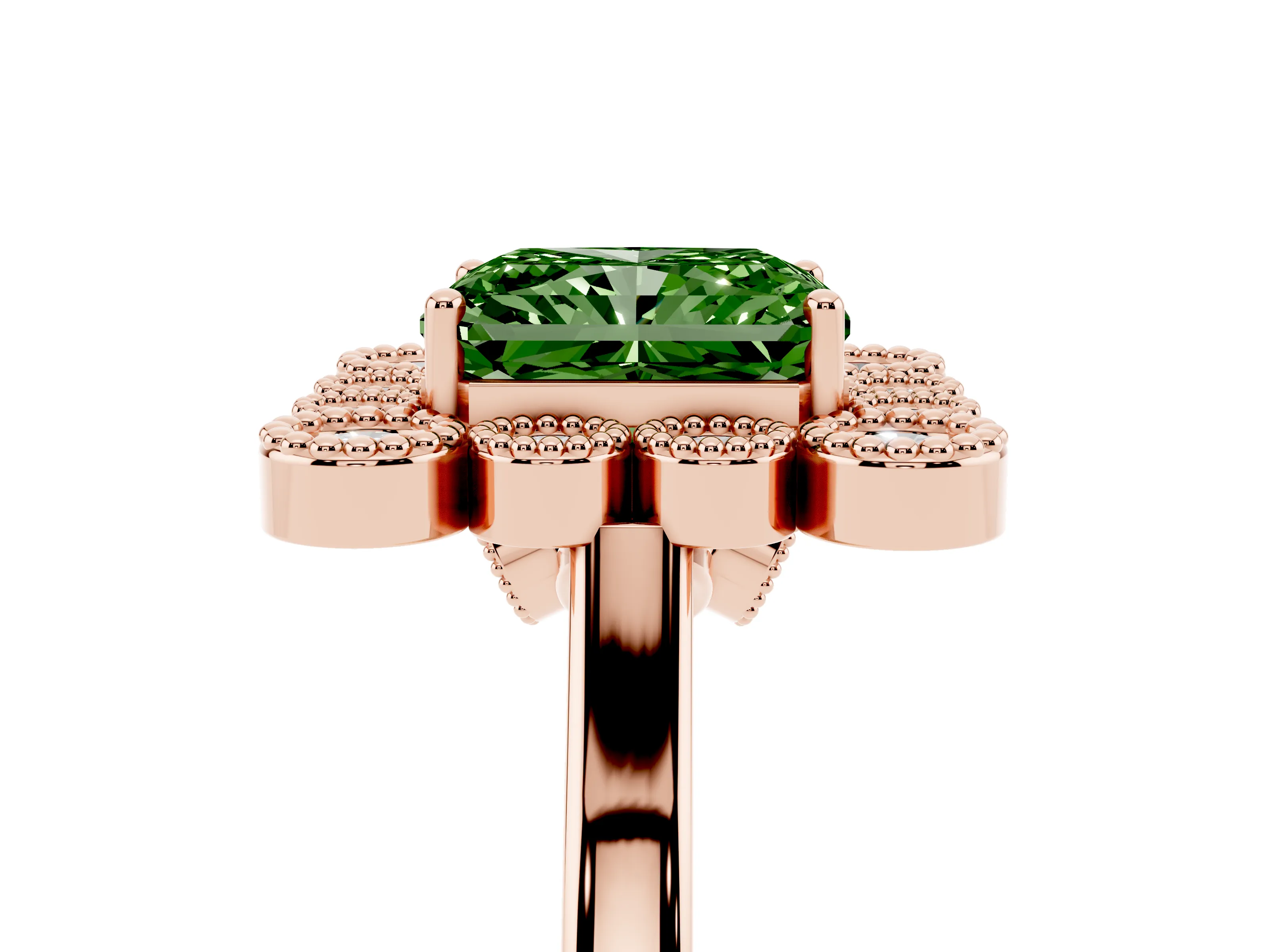 Fancy Green Radiant Cut Diamond Cluster Halo Ring Set in Rose gold with Milgrain Bezel Accents and Plain Band