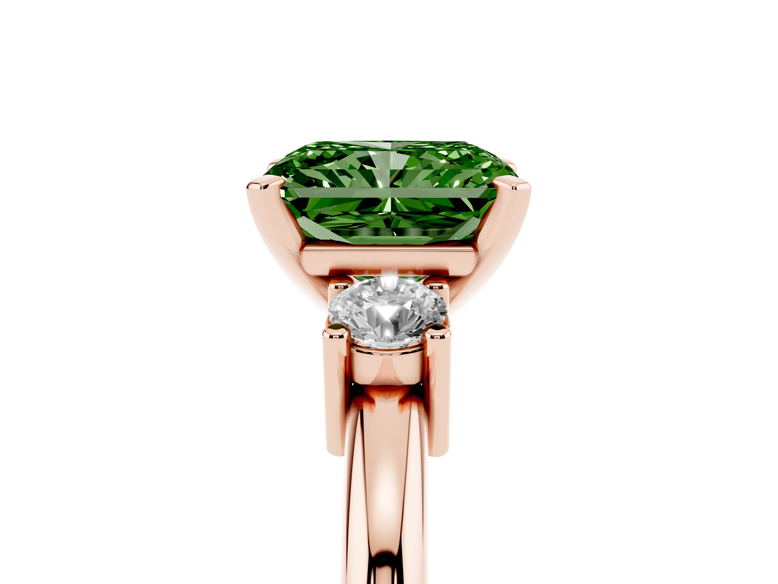 Fancy Green Three-Stone Radiant Cut Diamond Ring Set in Rose gold with Prong Setting and Plain Band