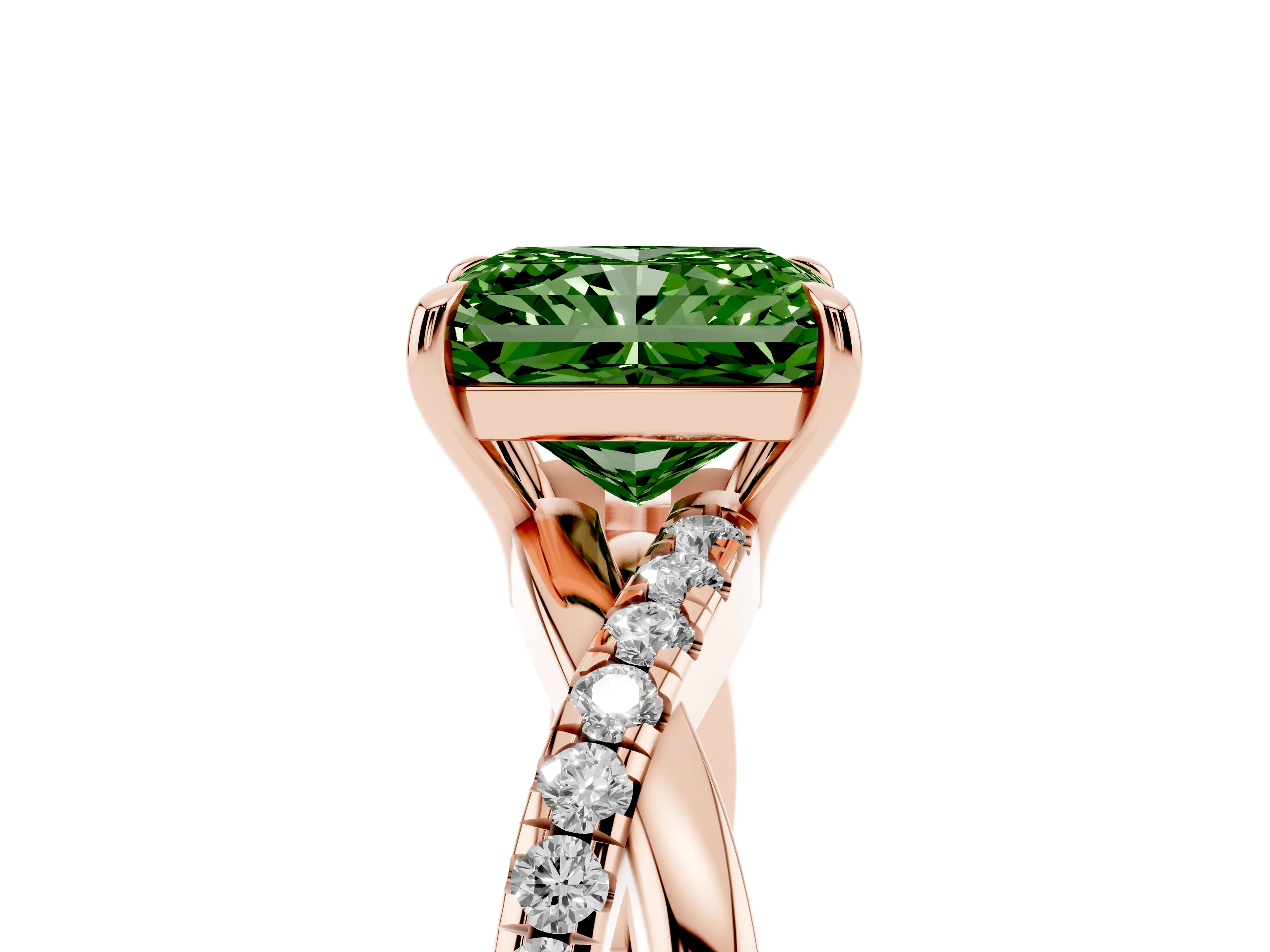 Fancy Green Radiant Cut Diamond Twisted Pavé Band Ring Set in Rose gold with Prong Setting