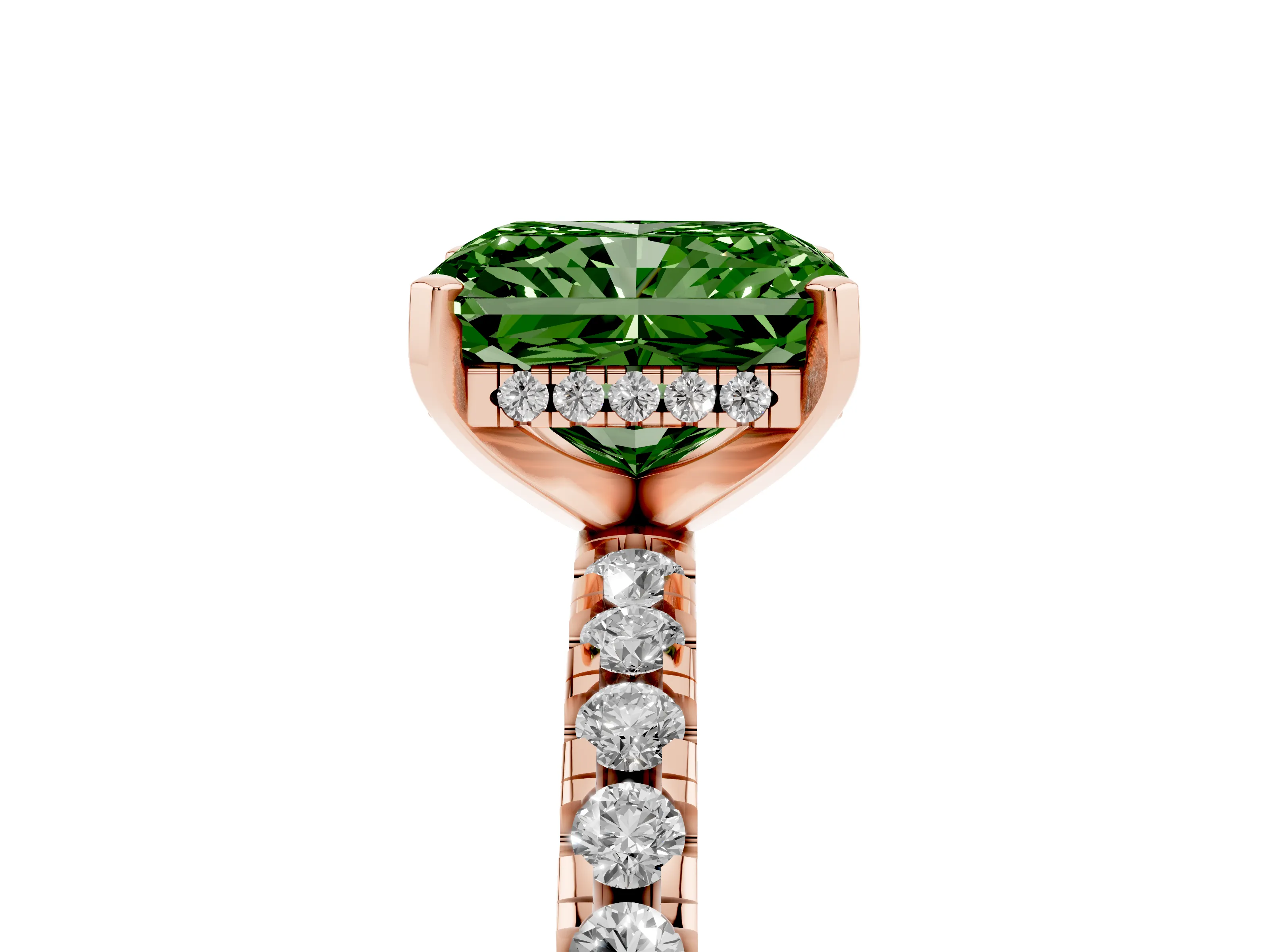 Fancy Green Radiant Cut Diamond Pavé Solitaire Ring Set in Rose gold with Round Band Accents and Prong Setting