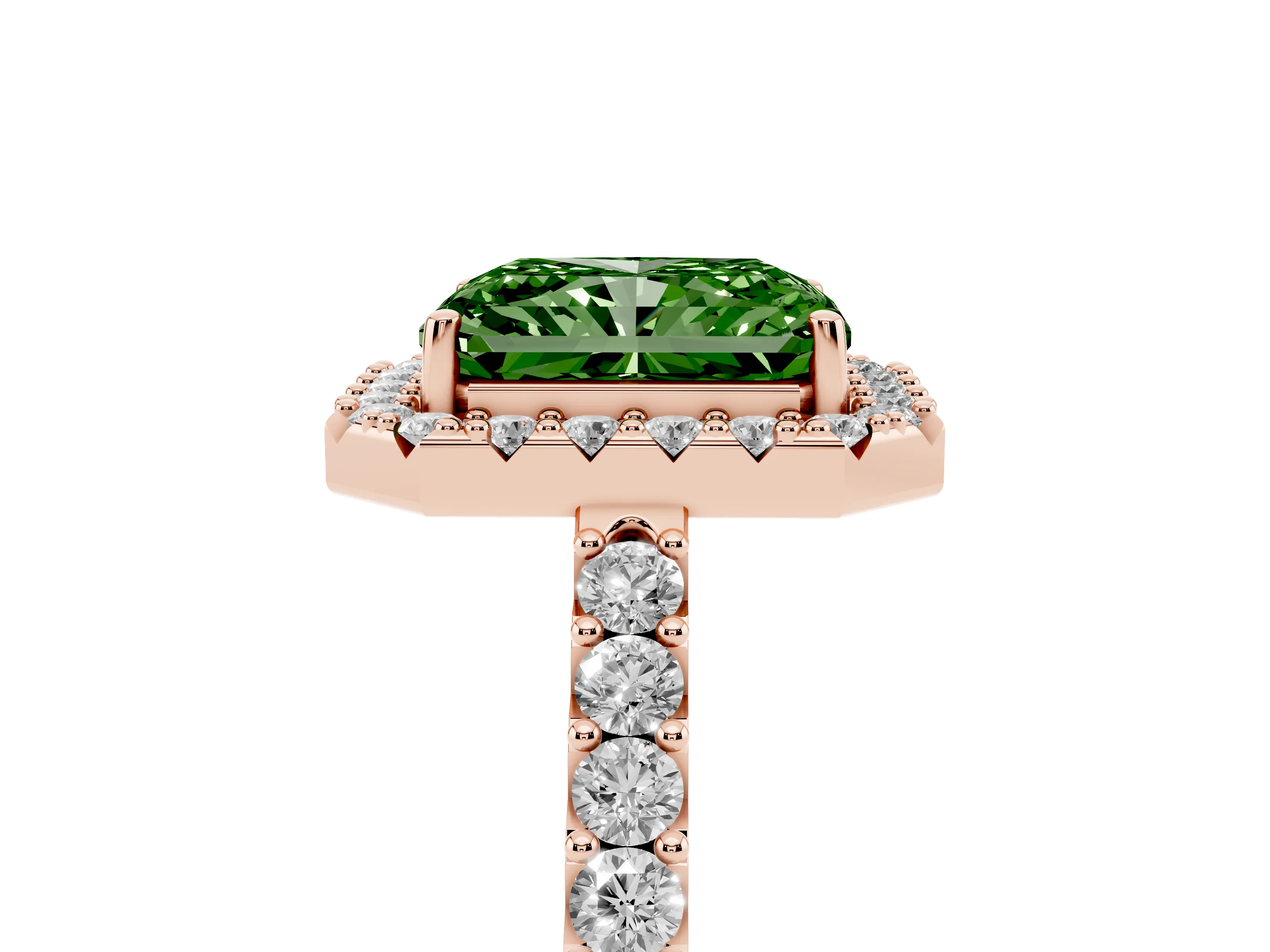 Fancy Green Radiant Cut Diamond Halo Pavé Solitaire Ring Set in Rose gold with Prong-Set Center Stone