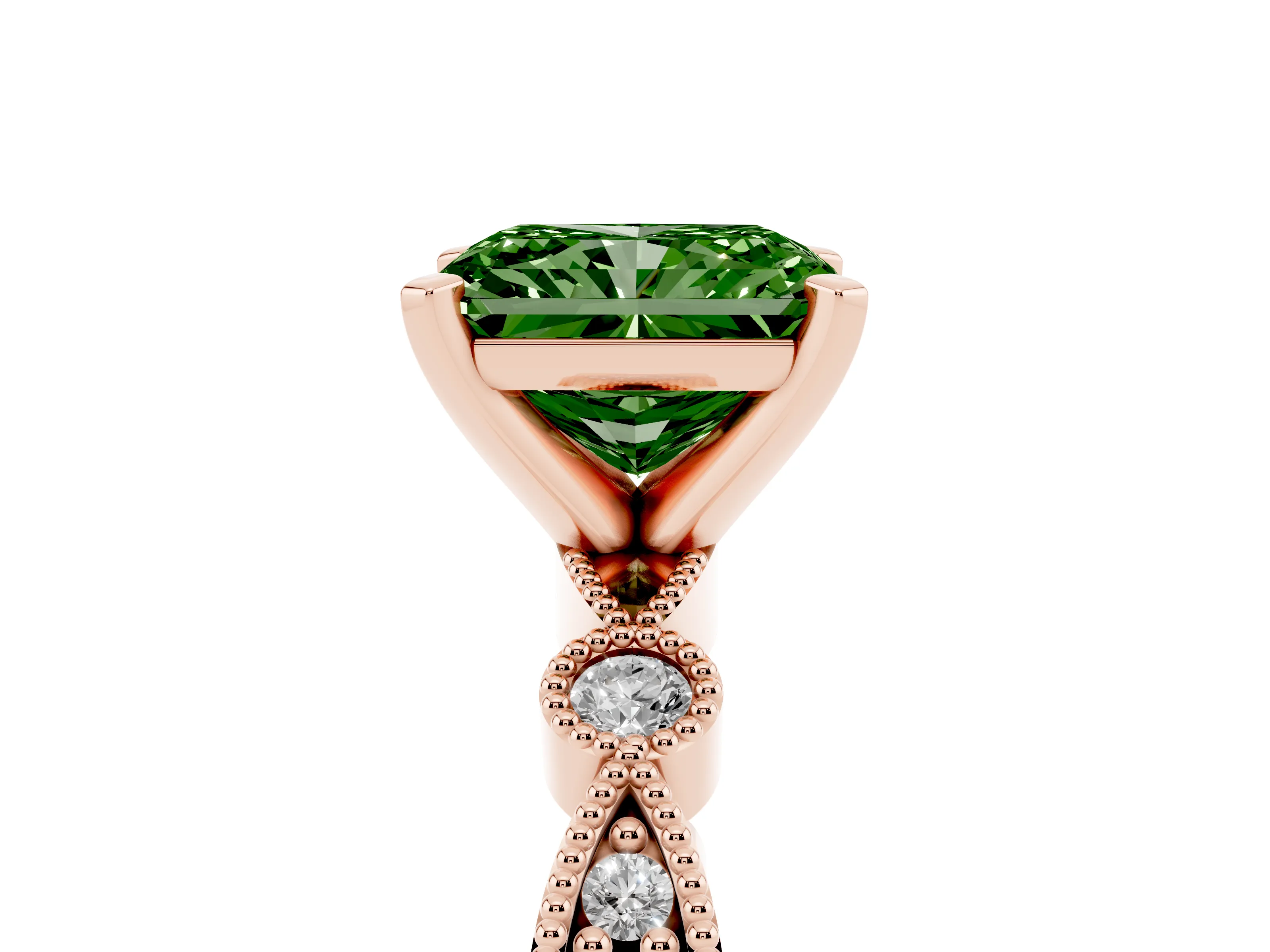 Fancy Green Radiant Cut Diamond Solitaire Engagement Ring Set in Rose gold with Milgrain Bezel Accent Band