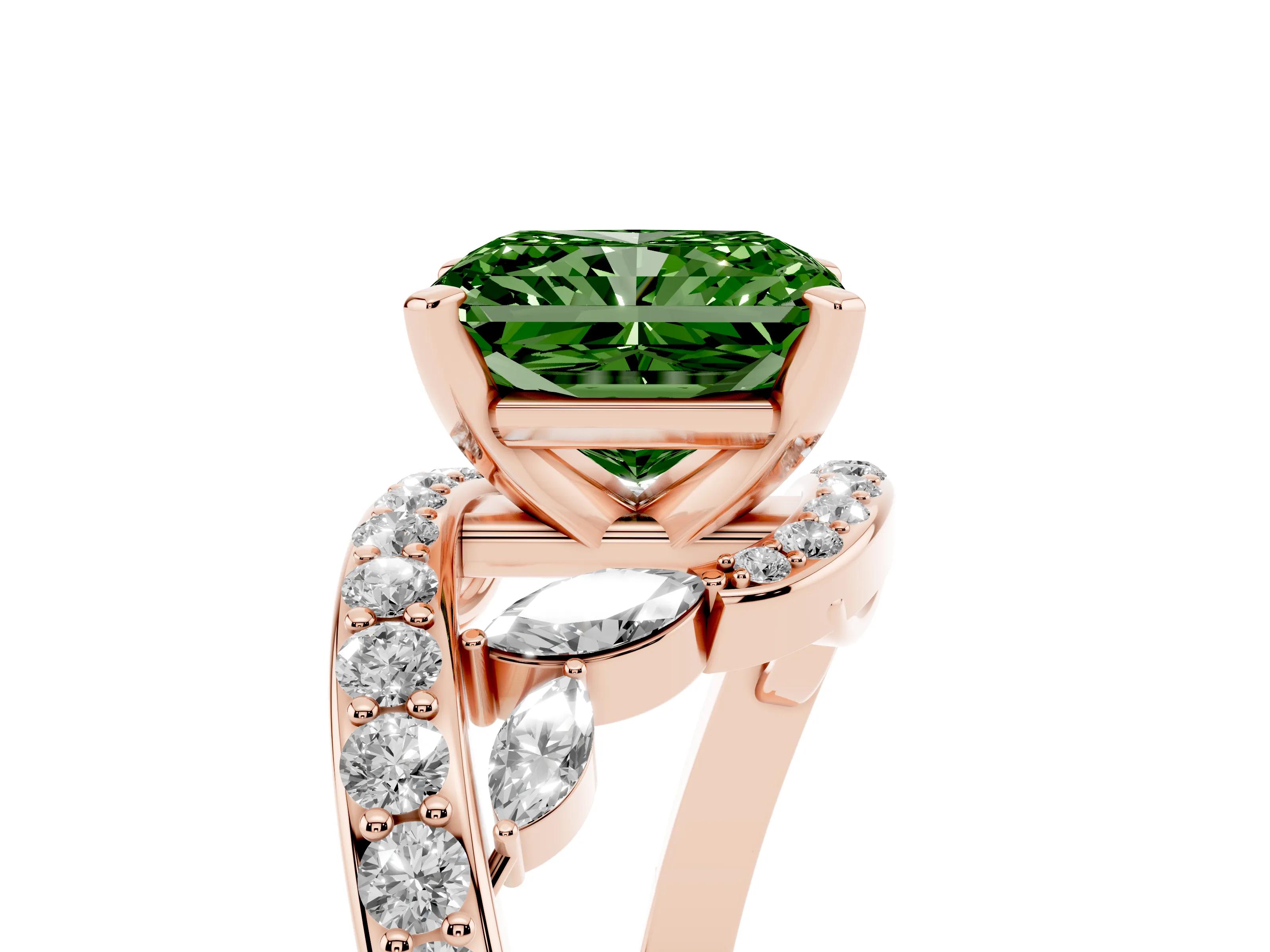 Fancy Green Radiant Cut Diamond Solitaire Ring Set in Rose gold with Pavé Twist Band and Secure Prong Setting