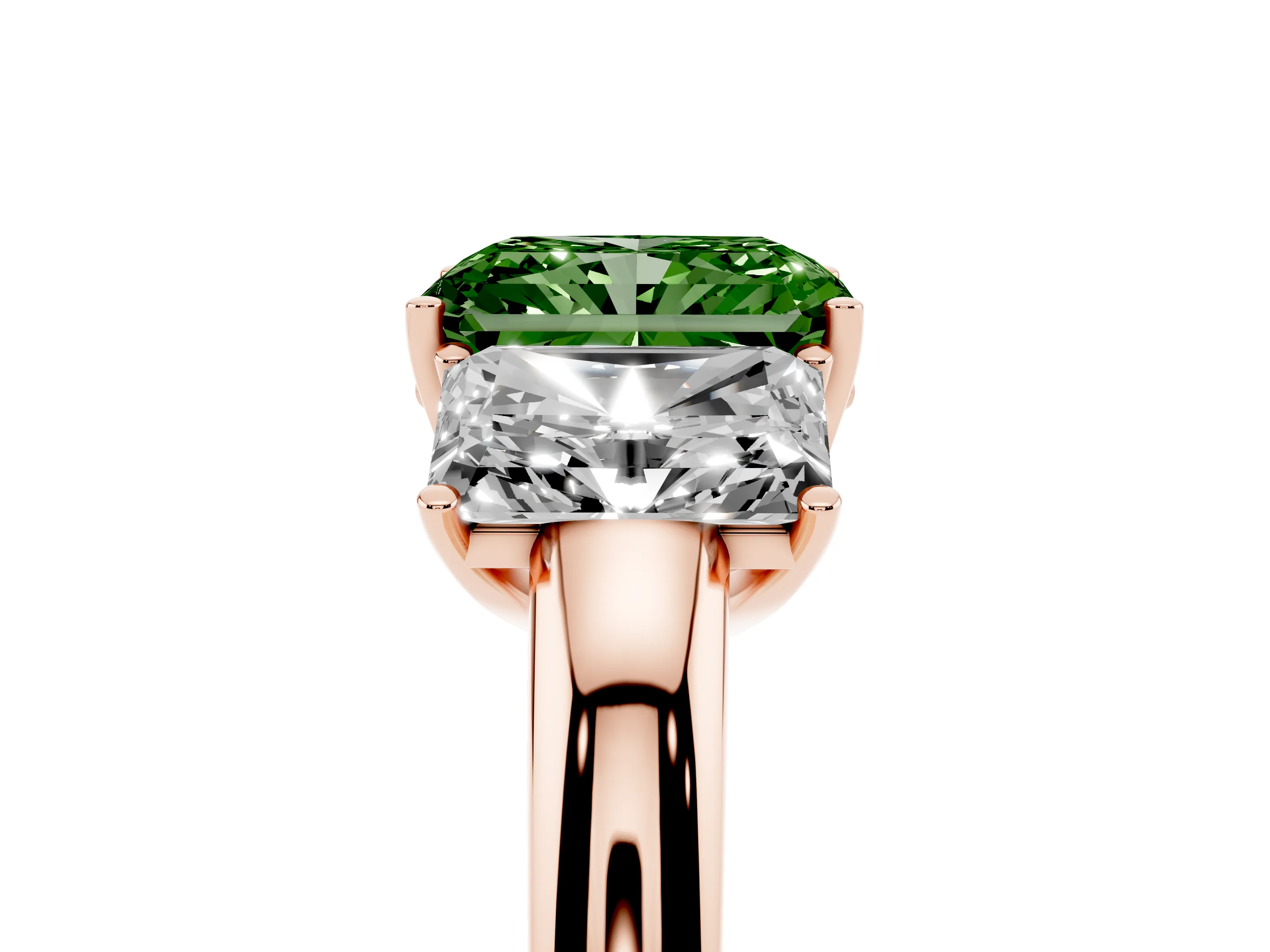 Fancy Green Radiant Cut Diamond Three-Stone Ring Set in Rose gold with Bold Center and Classic Band