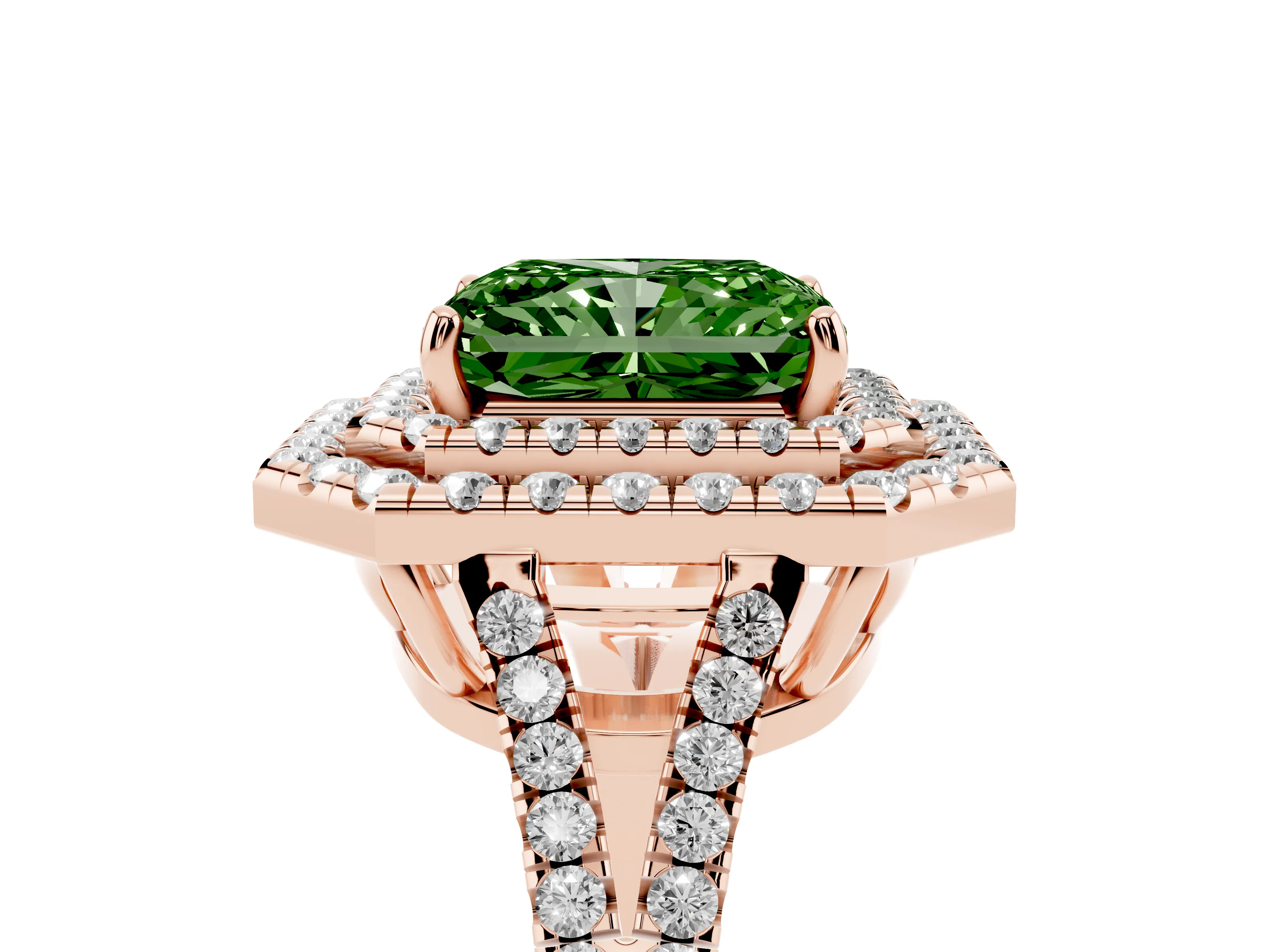 Fancy Green Radiant Cut Diamond Double Halo Ring Set in Rose gold with Pavé Band