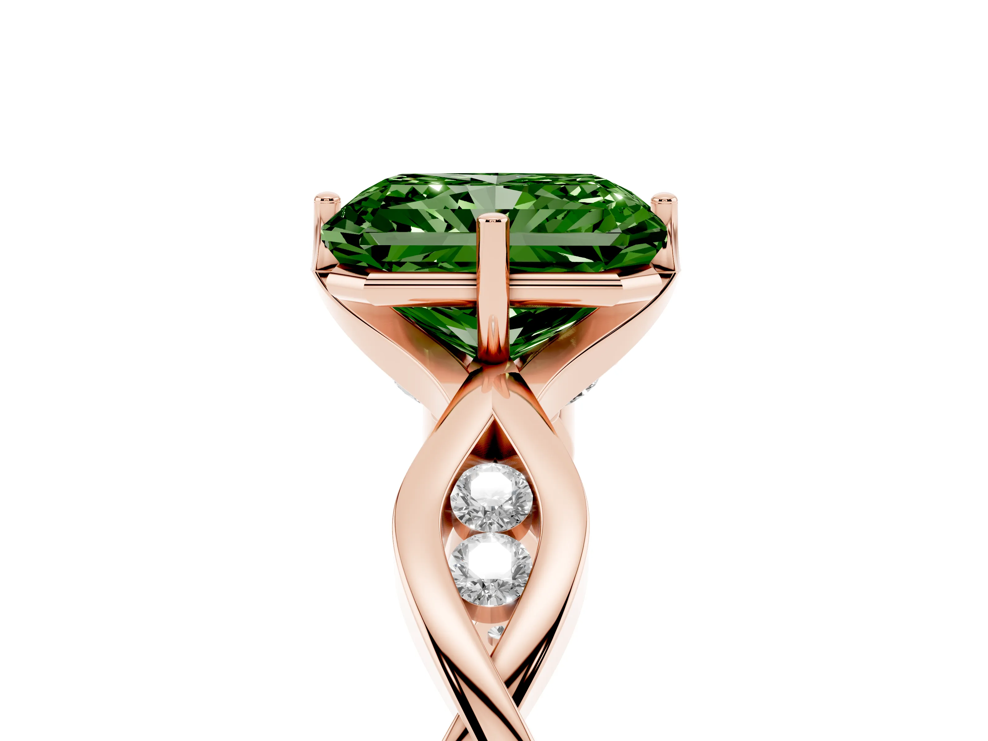 Fancy Green Radiant Cut Diamond Twist Band Solitaire Ring Set in Rose gold with Leaf Prong Setting and Accent Stones