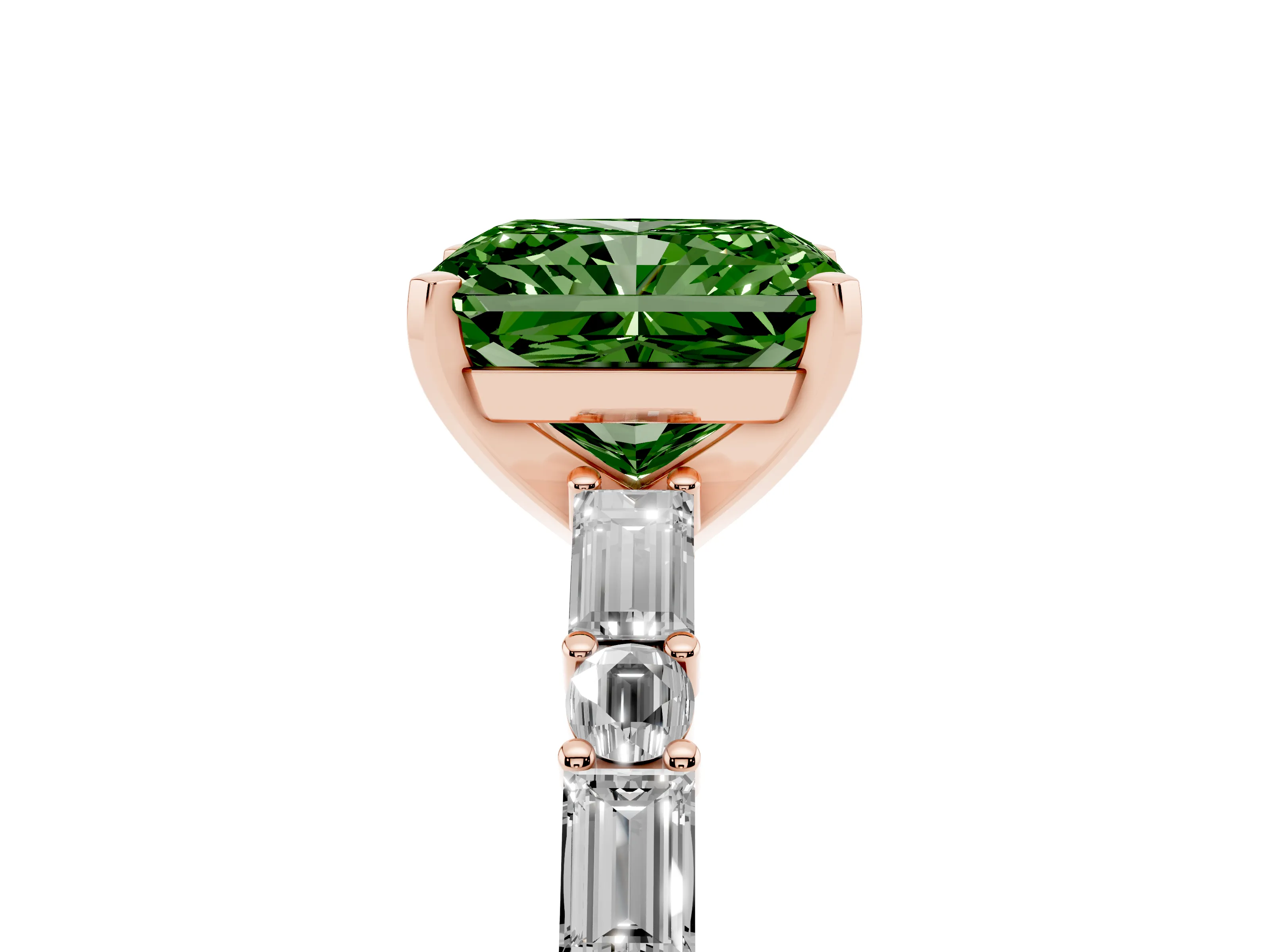 Fancy Green Radiant Cut Diamond Solitaire Set in Rose gold with Side Baguettes and Channel Set Band