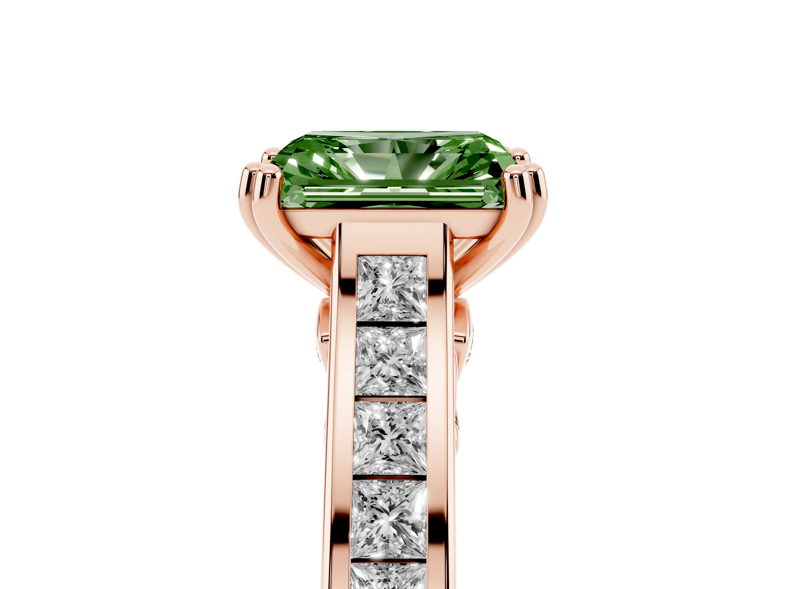 Fancy Green Radiant Cut Diamond Channel Set Solitaire Engagement Ring Set in Rose gold with Prong Setting