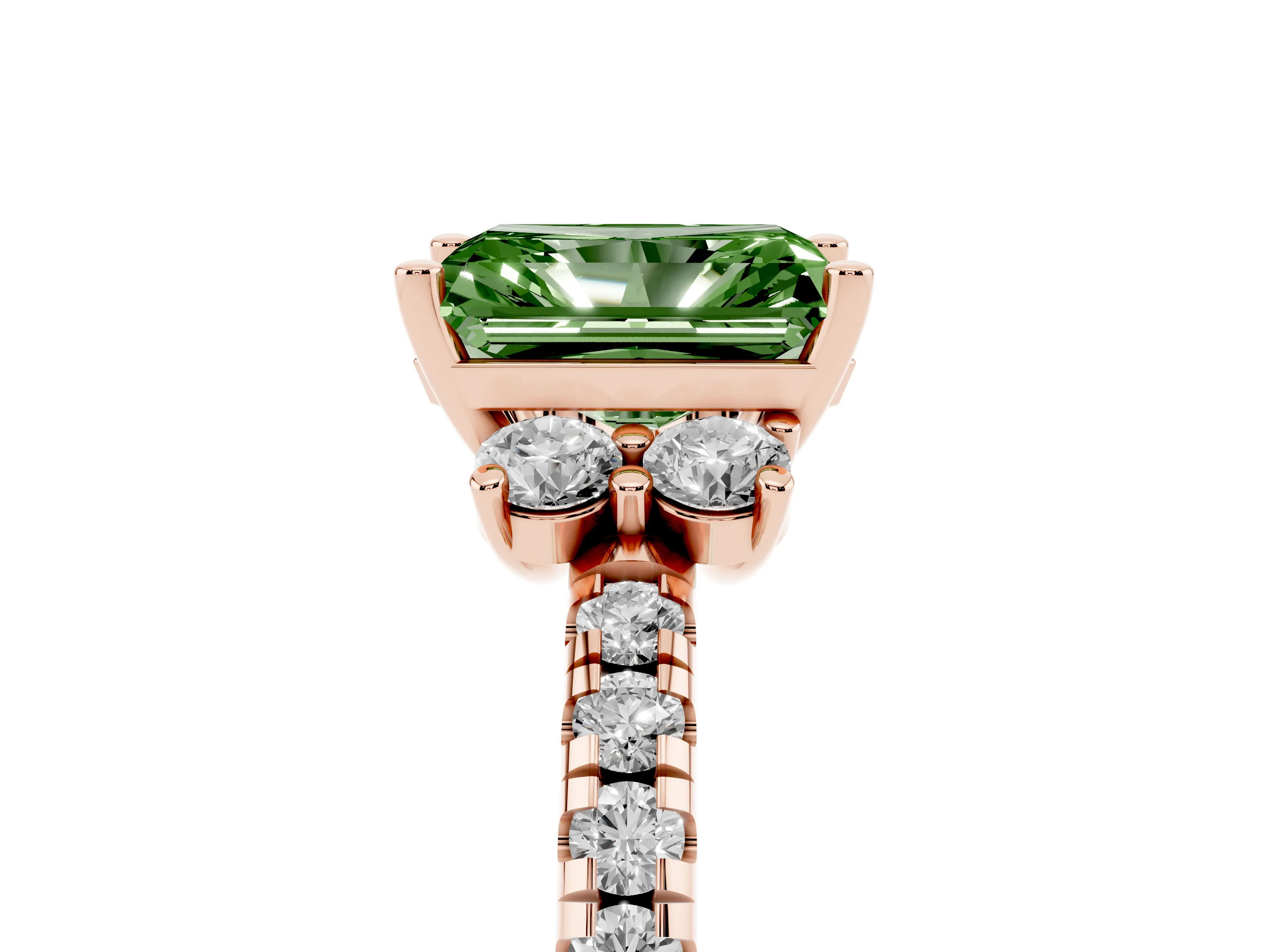 Fancy Green Radiant Cut Diamond Three-Stone Pavé Ring Set in Rose gold with Prong Setting
