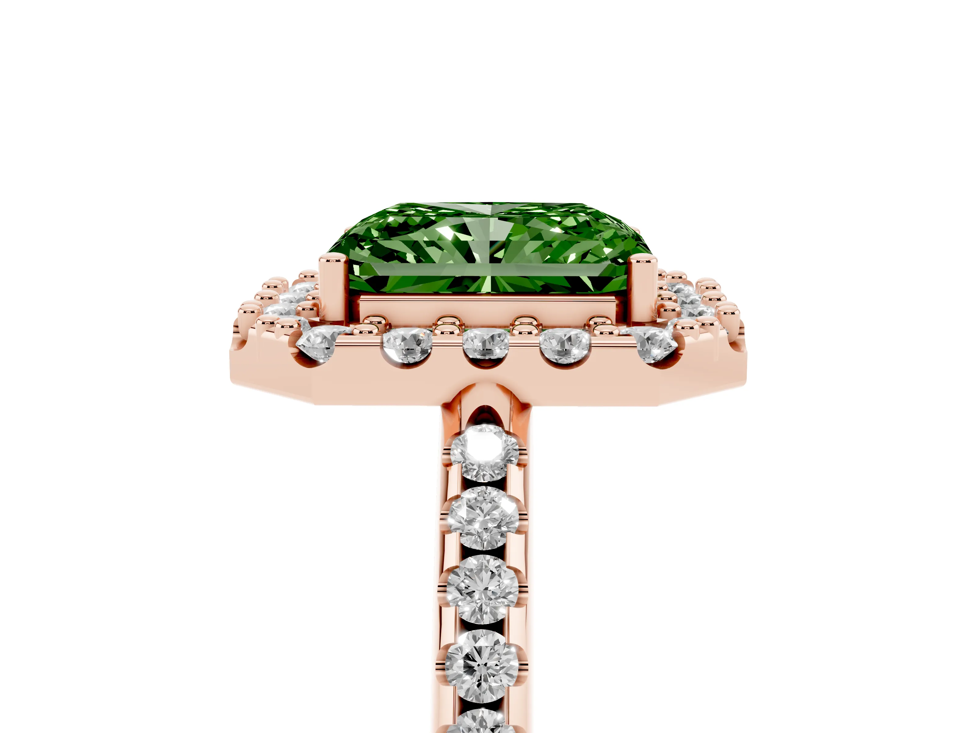 Fancy Green Radiant Cut Diamond Pavé Halo Ring Set in Rose gold with Prong Setting