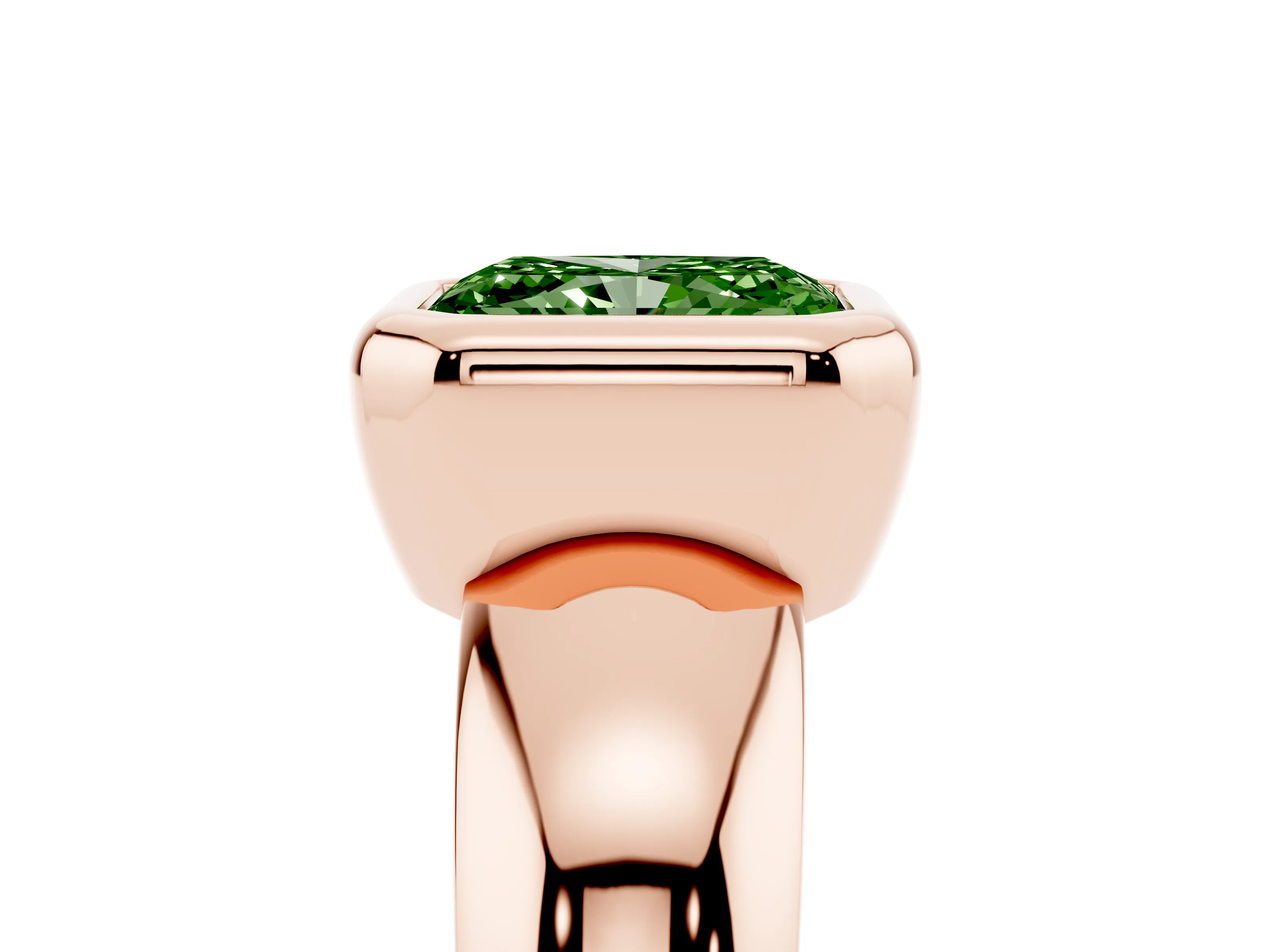 Fancy Green Bezel Set Radiant Cut Diamond Solitaire Ring Set in Rose gold with Wide Band