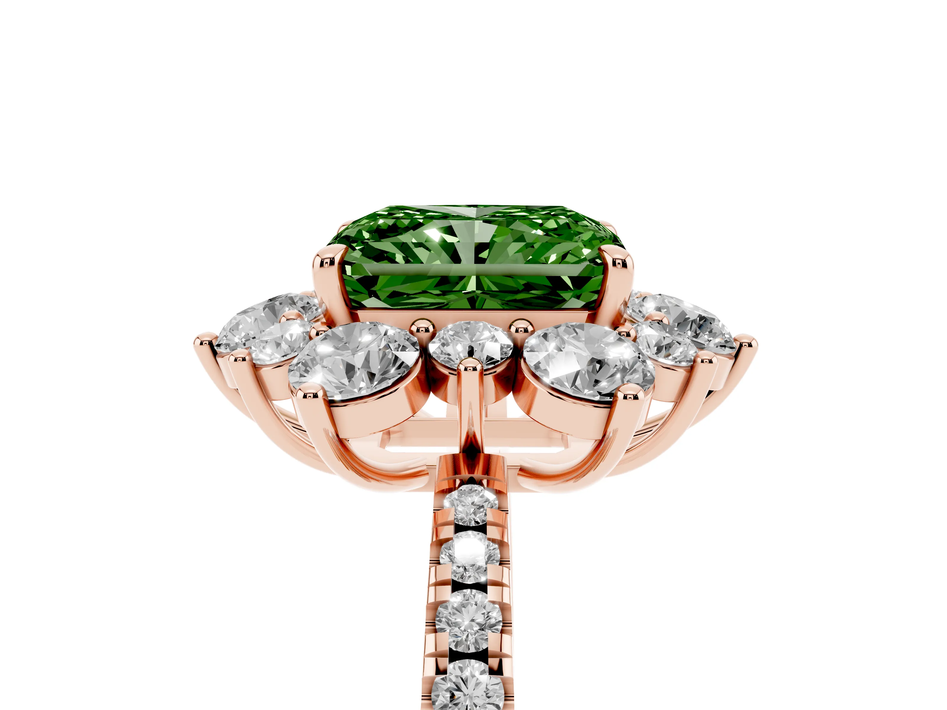 Fancy Green Radiant Cut Diamond Floral Halo Ring Set in Rose gold with Round Pavé Band and Prong Setting