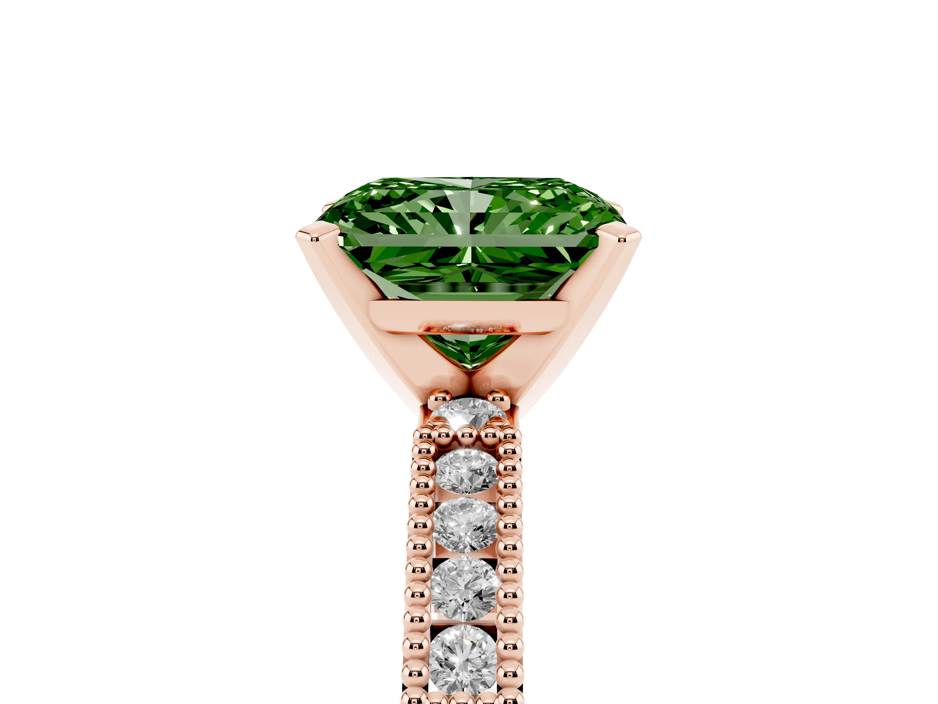 Fancy Green Radiant Cut Diamond Solitaire Ring Set in Rose gold with Slim Pavé Band and Prong Setting