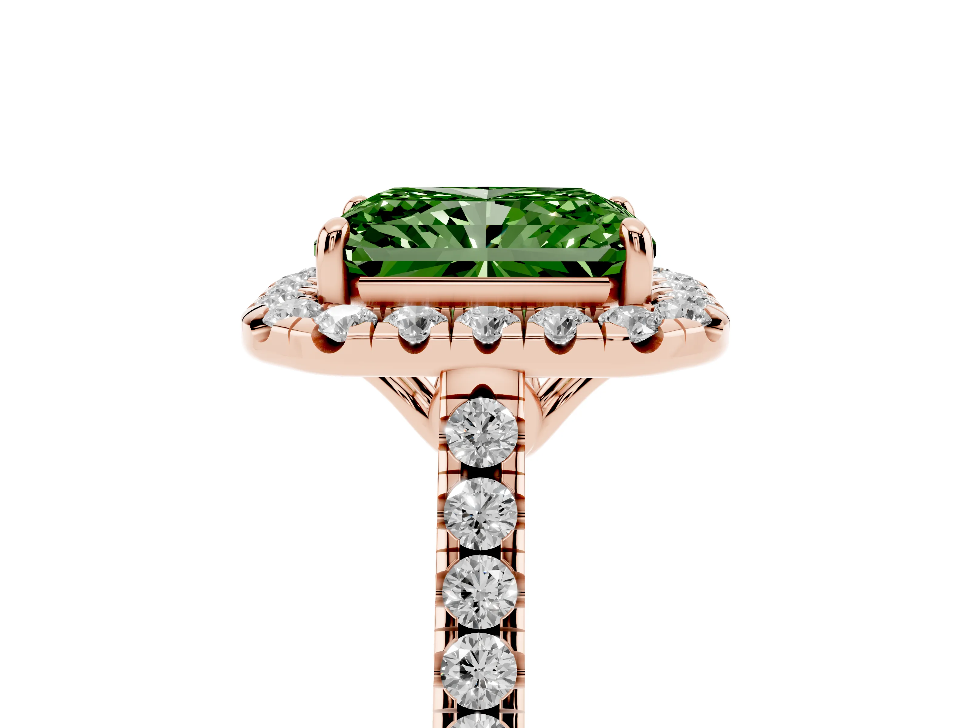 Fancy Green Radiant Cut Diamond Pavé Halo Engagement Ring Set in Rose gold with Pavé Band and Prong Setting