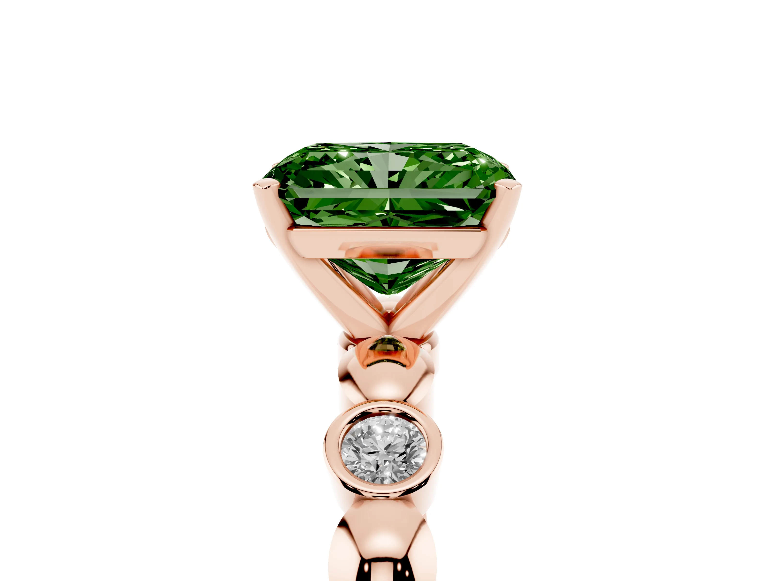Fancy Green Radiant Cut Diamond Solitaire Ring Set in Rose gold with Bezel-Set Accents on Beaded Band and Prong Setting