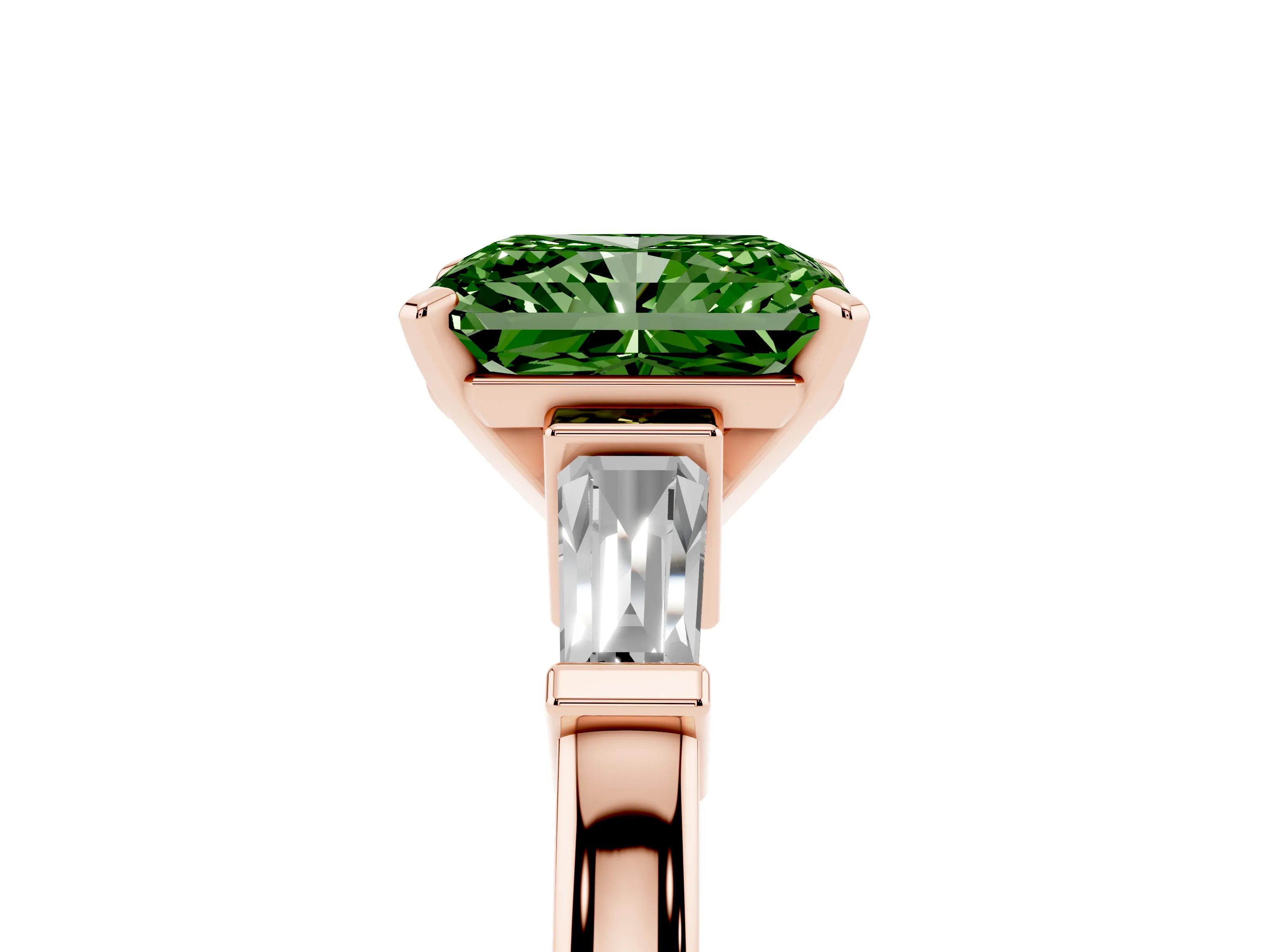 Fancy Green Radiant Cut Diamond Solitaire Ring Set in Rose gold with Tapered Baguette Accents and Prong Setting